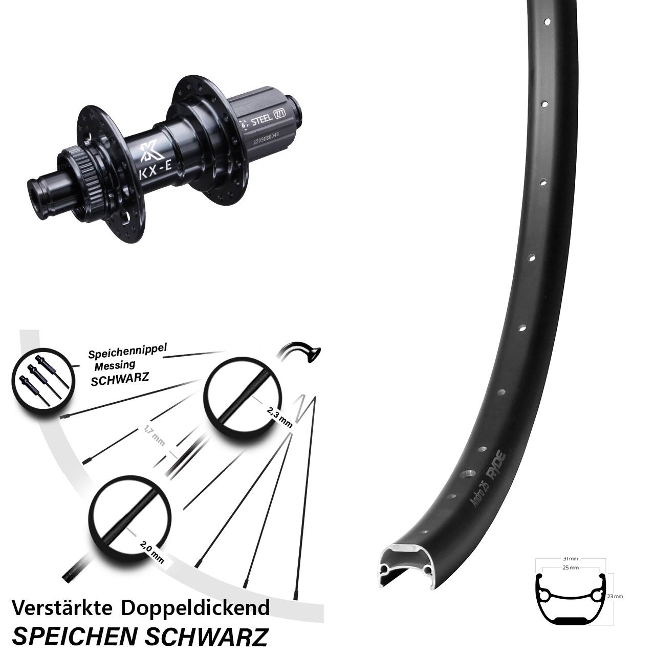 28-29 Zoll Hinterrad verstärkt KX-E 12x142 mm Centerlock 8-12 fach Ryde Andra 25