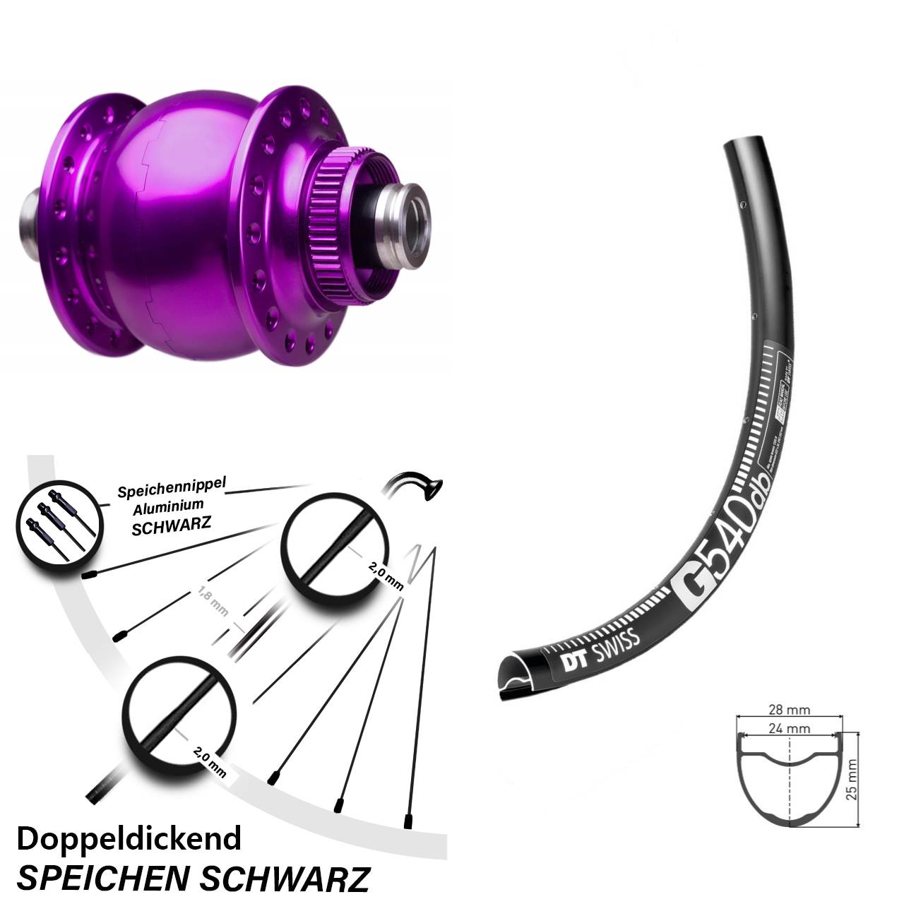 Disc Nabendynamo-Laufrad 29 Zoll DT Swiss G 540 SON 28 violett 12x100