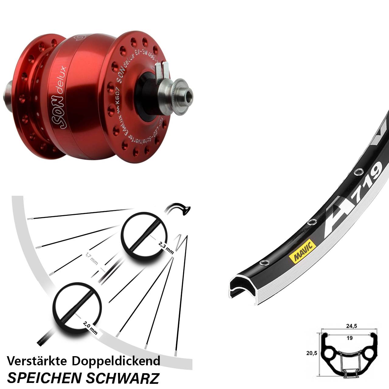Nabendynamovorderrad für Schnellspanner 28 Zoll Mavic A 719 SONdelux rot