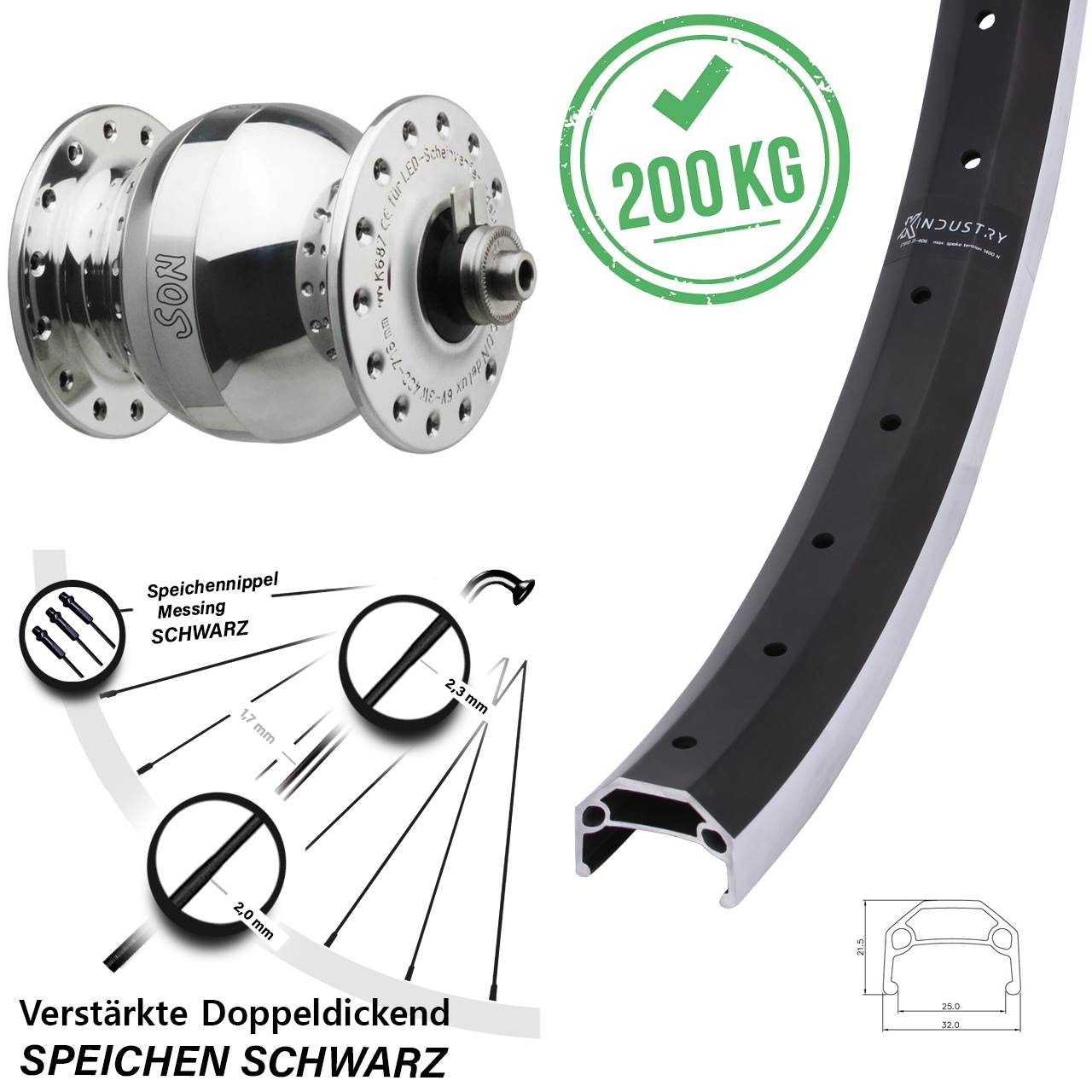 Vorderrad mit Nabendynamo QR 26 Zoll KX Industry SON delux wide body