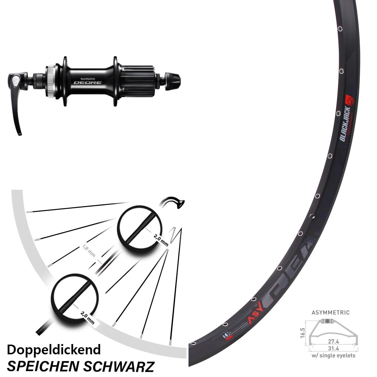 Rodi Ready27 Shimano Deore FH-M6000 27,5 Zoll Hinterrad für Schnellspanner 8-11 fach