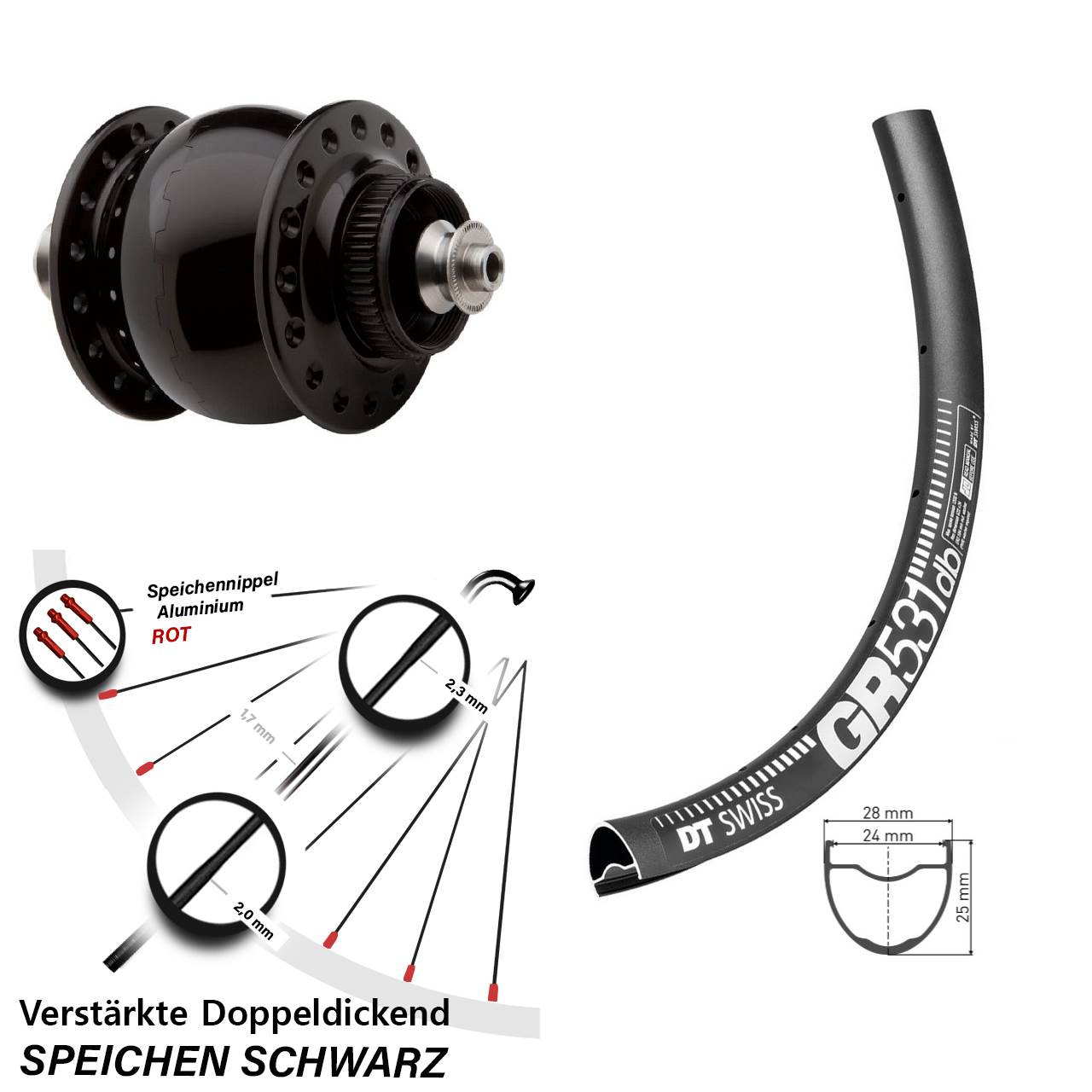 Disc Nabendynamo-Laufrad DT Swiss GR531 SON 28-29 Zoll QR