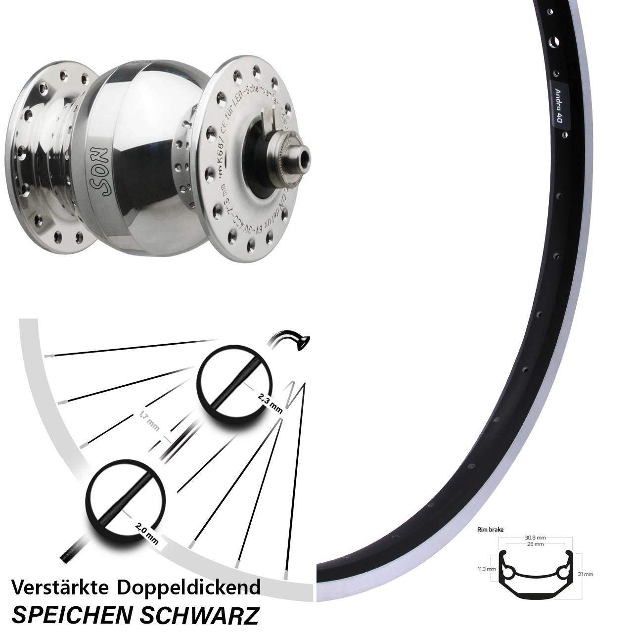 26 Zoll Ryde Andra 40 SONdelux wide body Vorderrad mit Nabendynamo für Schnellspanner
