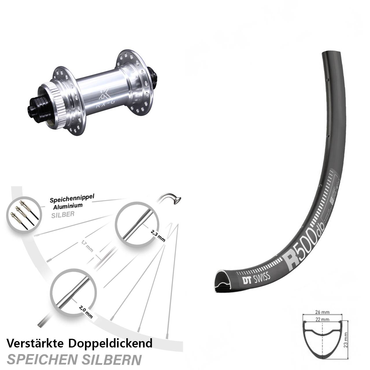 Road Disc DT Swiss R 500 Vorderrad 28 Zoll verstärkt mit KX-G silbern Centerlock