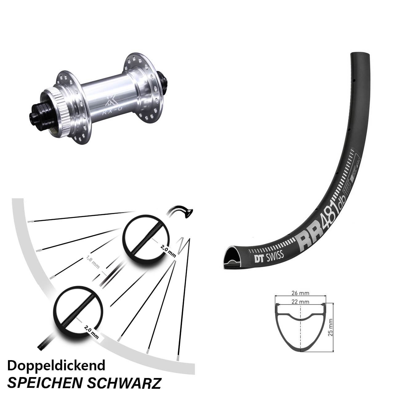 28 Zoll Vorderrad DT Swiss RR 481 KX-G silbern Schnellspanner 5x100 mm