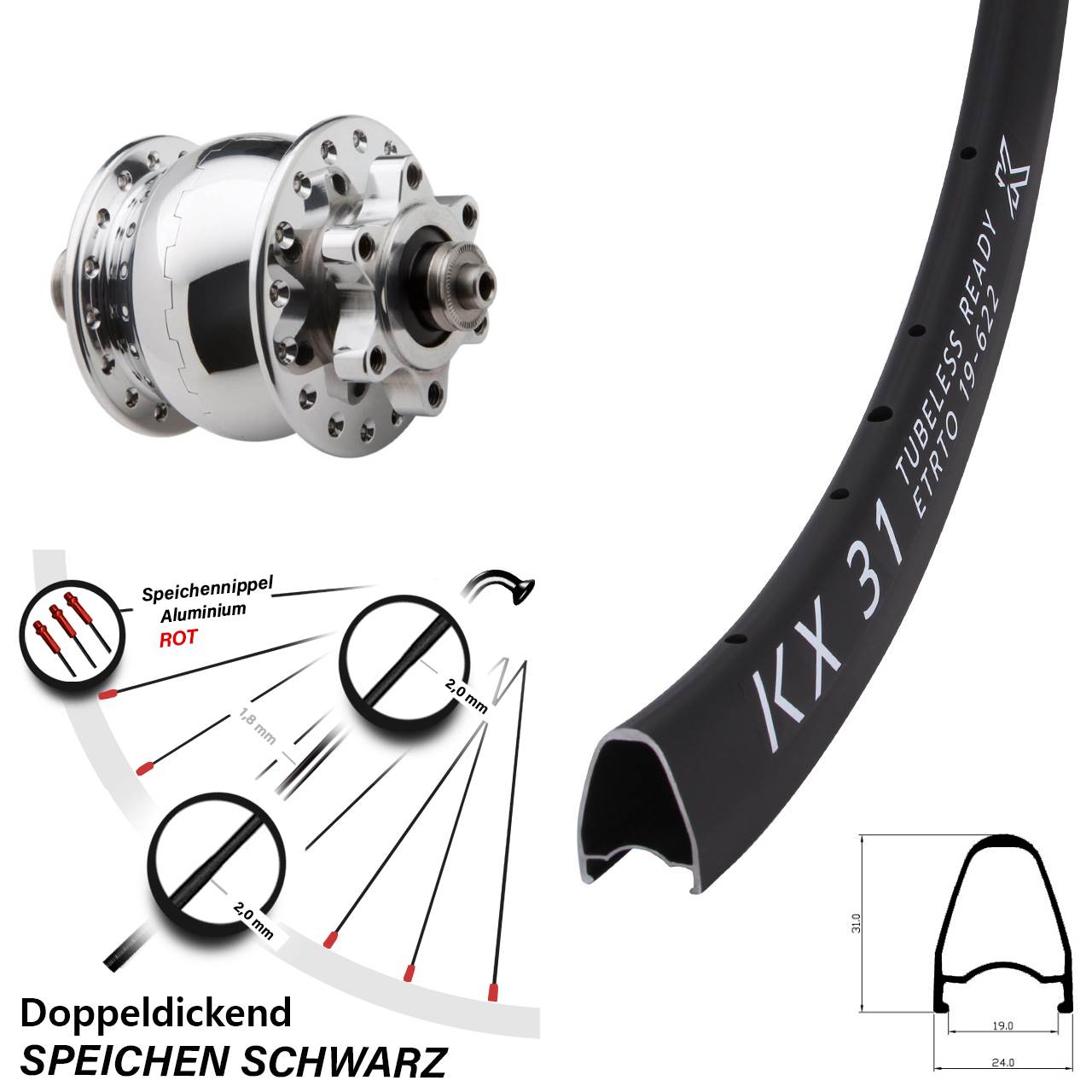 Disc Vorderrad mit Nabendynamo 28 Zoll KX 31 SON 28 poliert für Schnellspanner