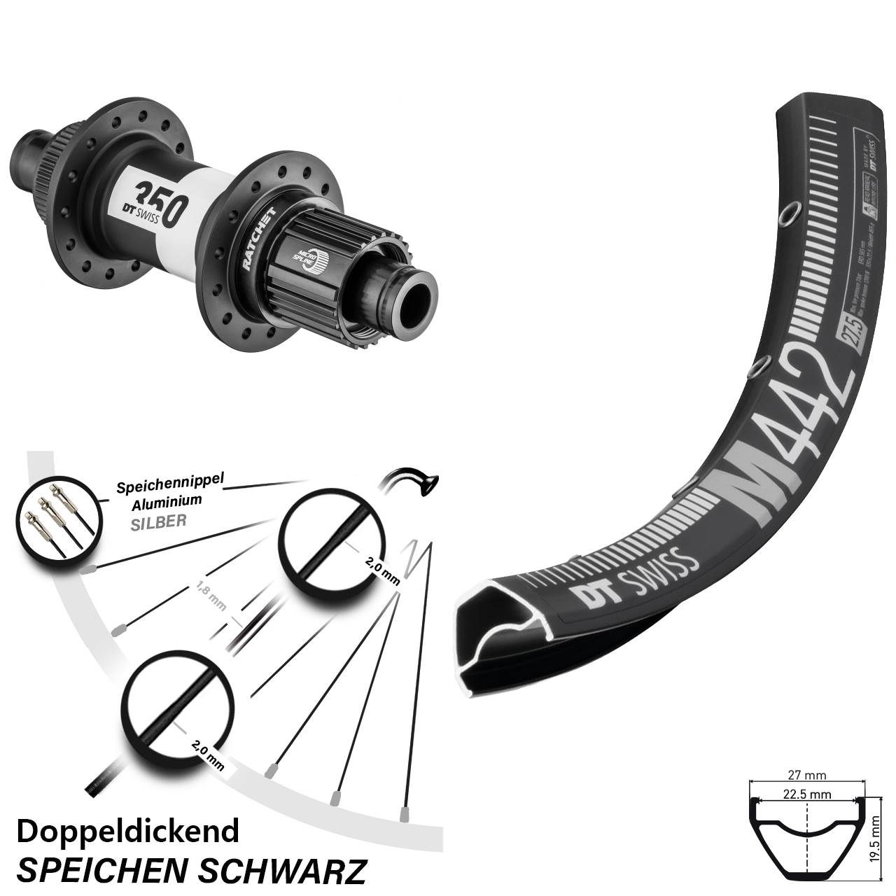 DT Swiss M 442-350 28 Zoll Disc Laufrad 12x142 Shimano Micro Spline