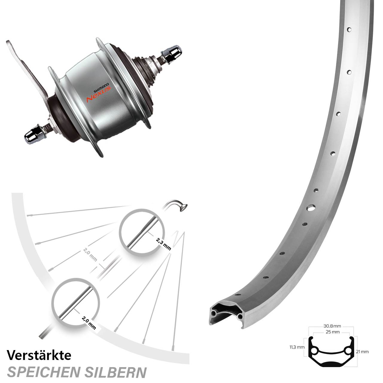 24 Zoll Ryde Andra 40 Shimano Nexus 8 Gang Hinterrad mit Rücktrittbremse silbern