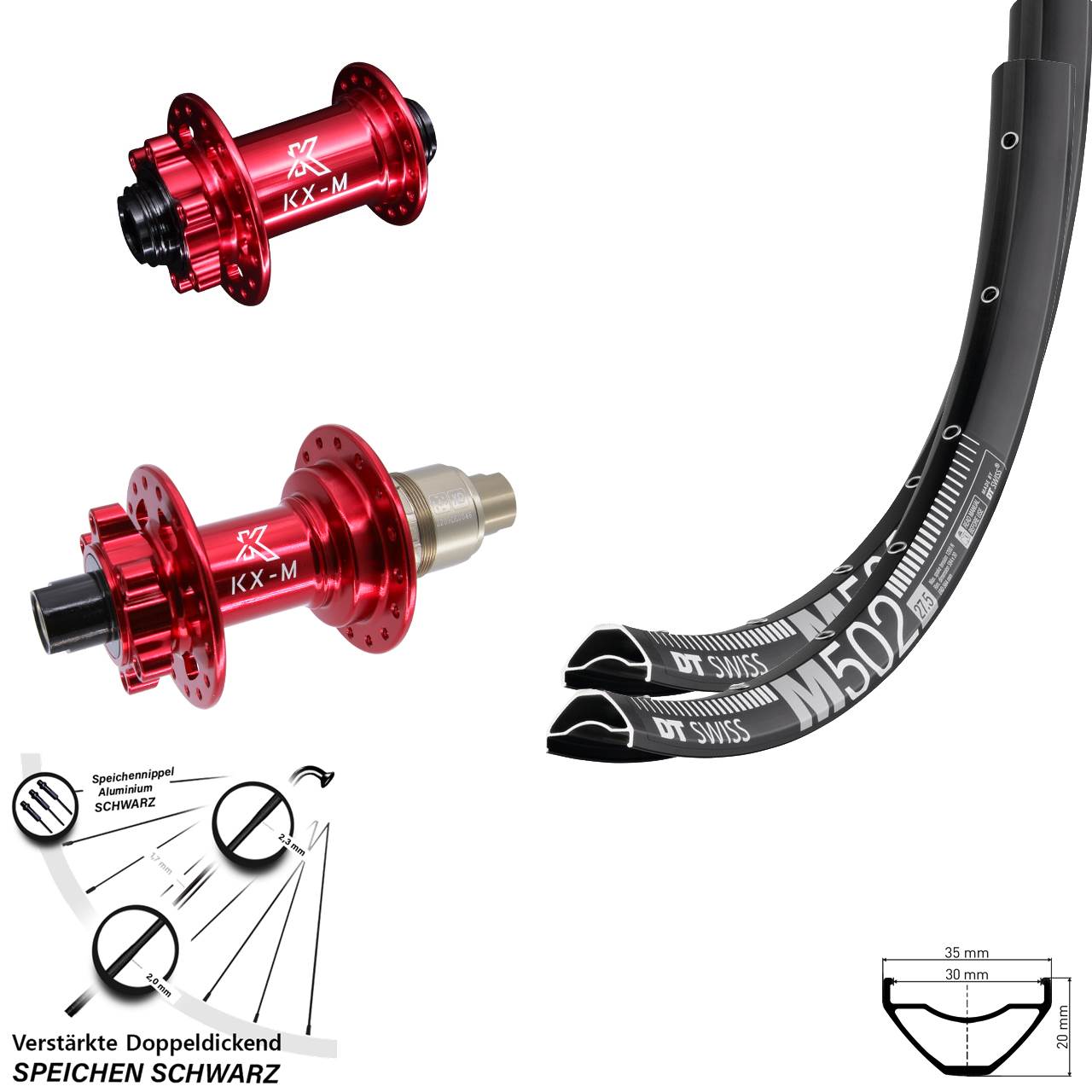 29 Zoll DT Swiss M 502 KX-M rot Disc Laufrad-Satz 15x100 12x142 XD