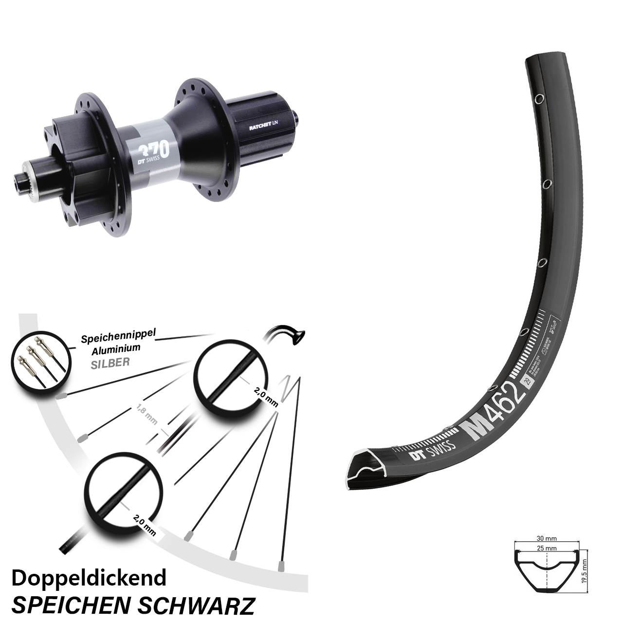 6-Loch Hinterrad 27,5 Zoll DT Swiss M 462 370 8-11 fach HG für Schnellspanner Boost