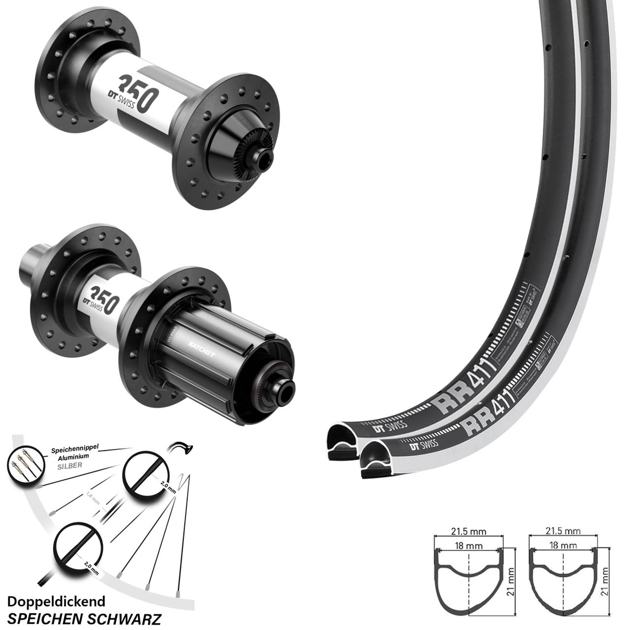 Laufradsatz 28 Zoll RR 411 DT Swiss 350 Road 8-12 fach für Schnellspanner