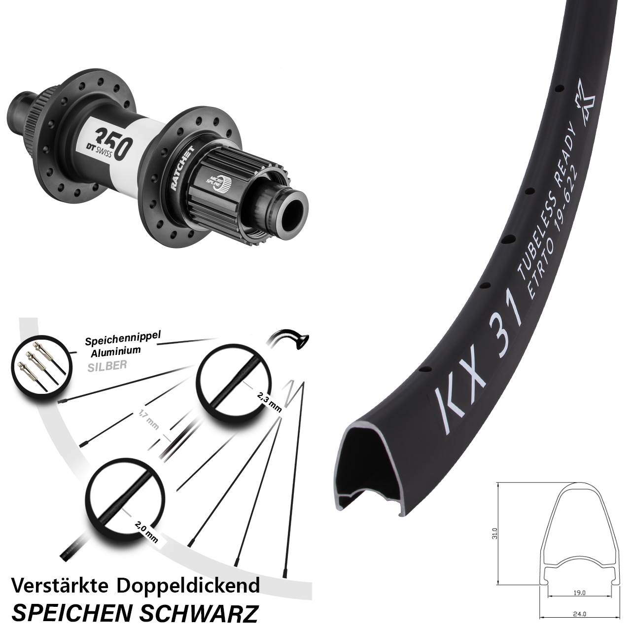 Hinterrad Centerlock 12x142 28 Zoll KX 31 DT Swiss 350 Shimano Micro Spline