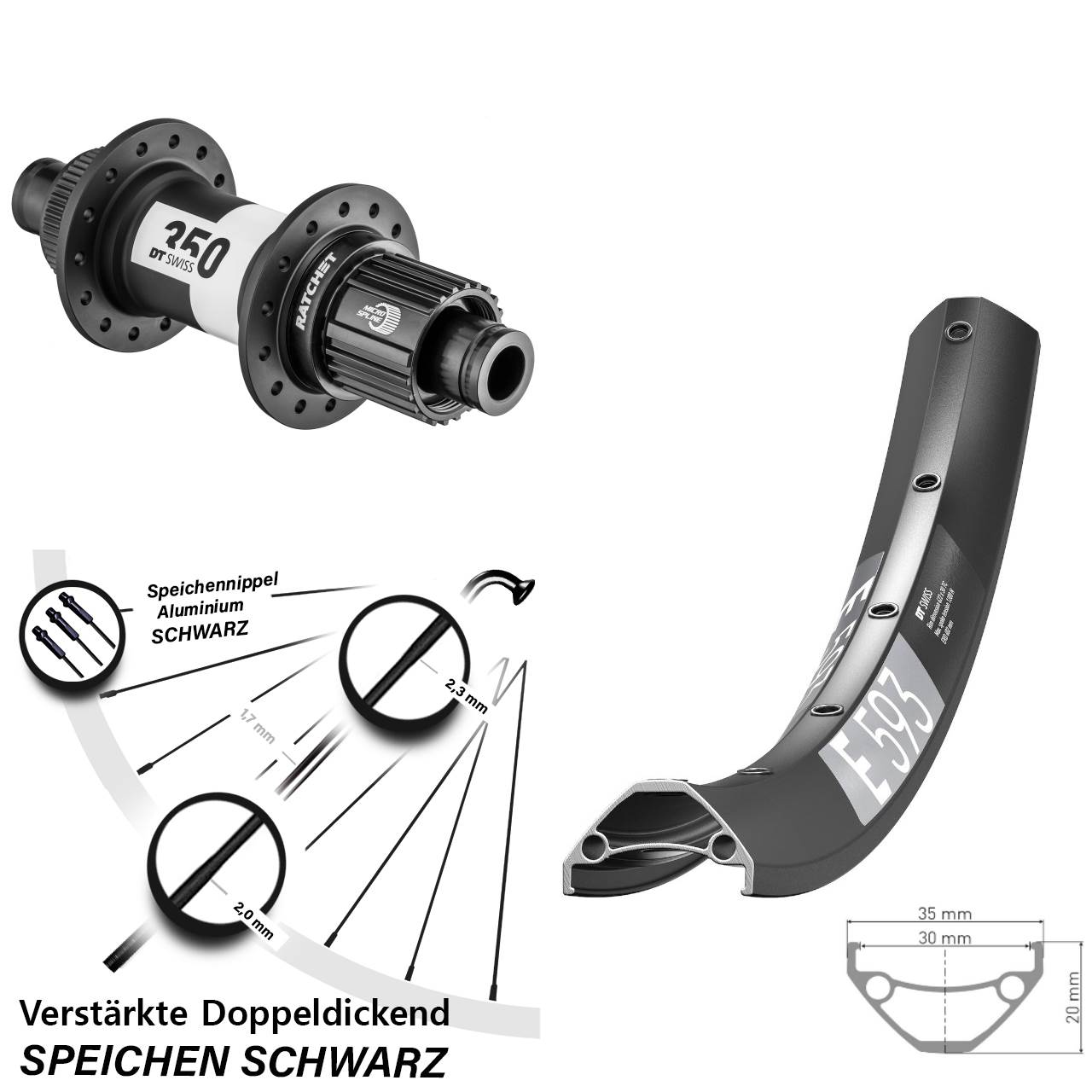DT Swiss E 593-350 Ratchet 36 27,5 Zoll Centerlock Hinterrad 12x142 Micro Spline