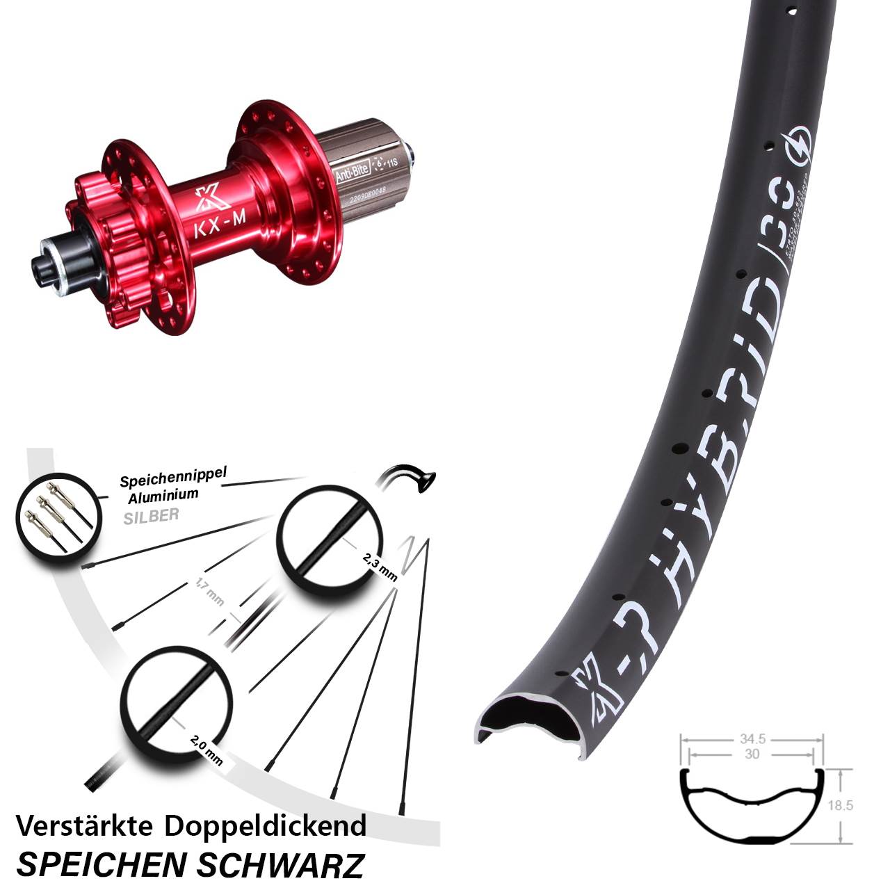 6-Loch Hinterrad 29 Zoll KX-MR Hybrid 30 rot 8-12 fach HG QR
