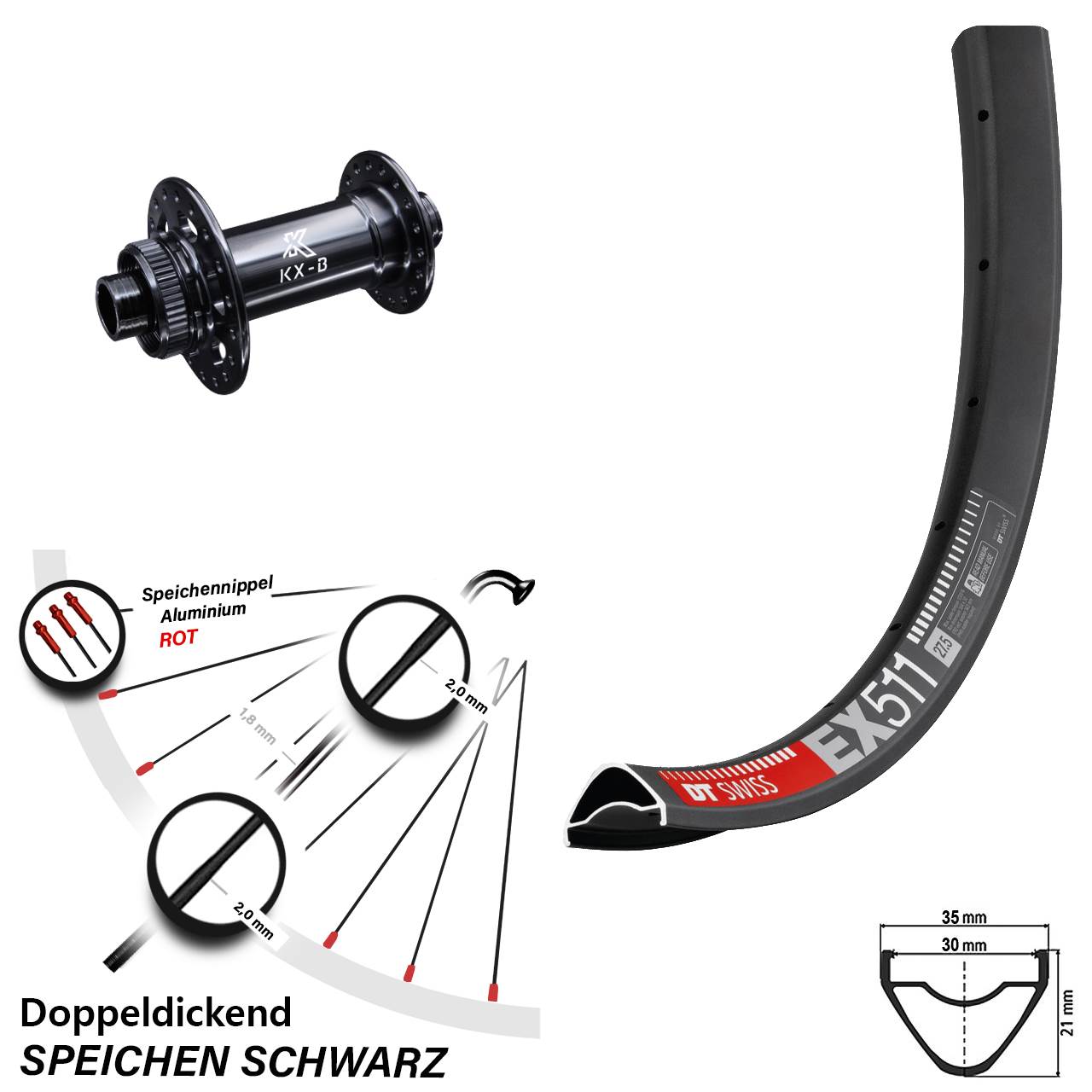 DT Swiss EX 511 MTB Vorderrad 29 Zoll Centerlock KX-Boost 15x110 mm