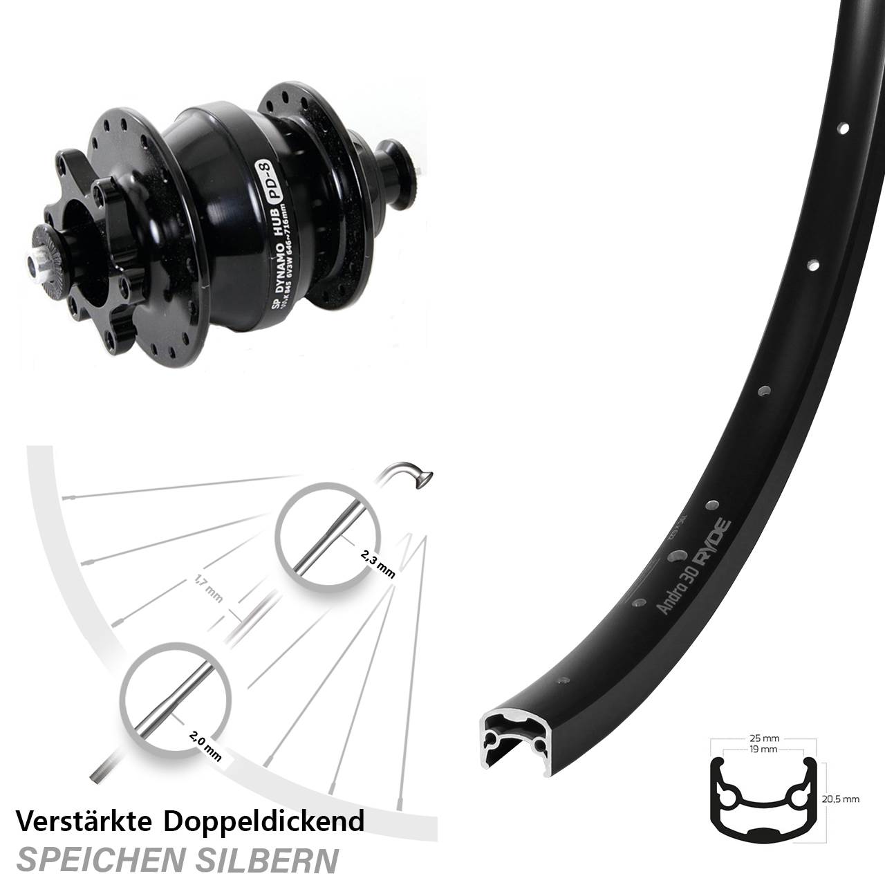 Nabendynamovorderrad 6-Loch 28 Zoll Ryde Andra 30 Shutter PD-8