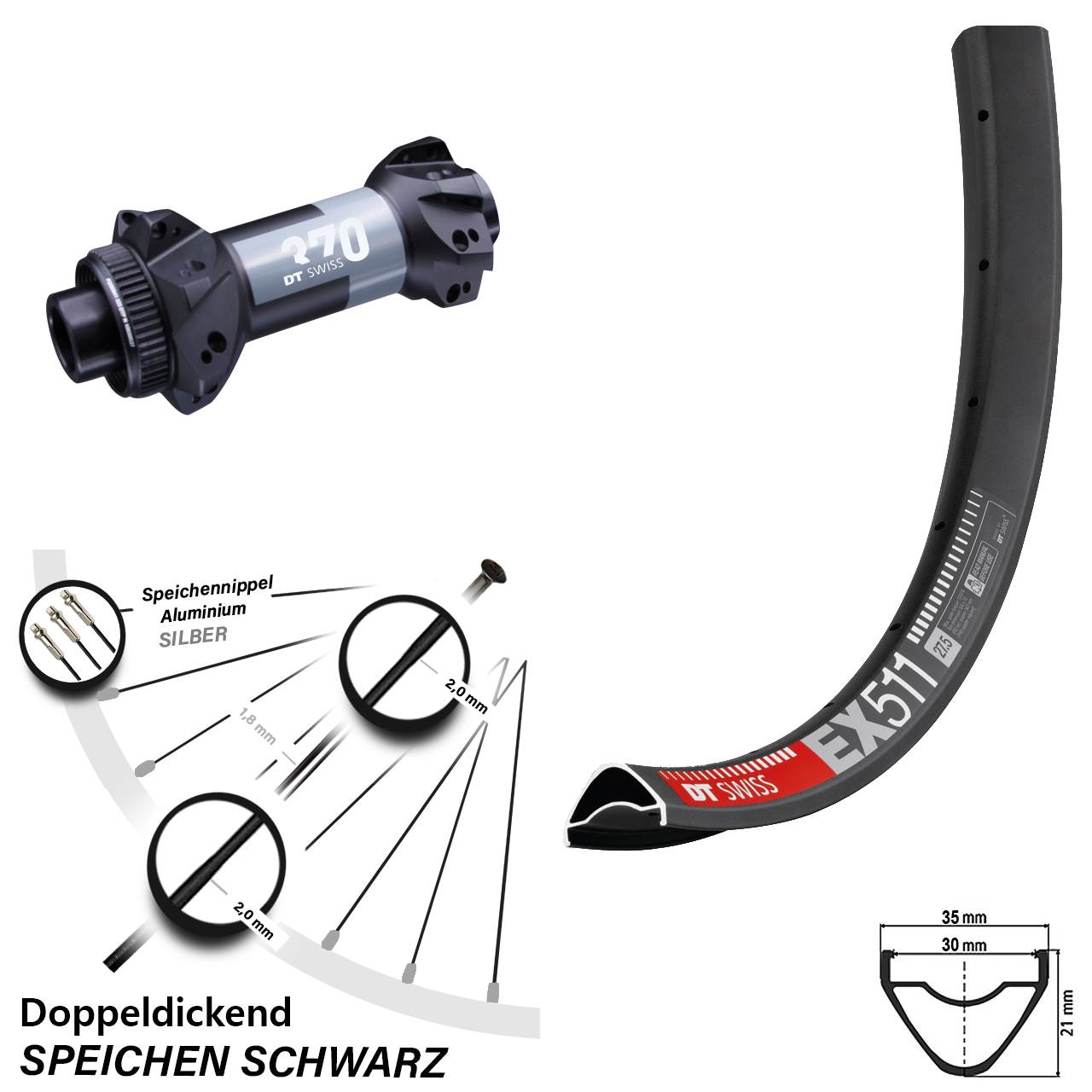 MTB Vorderrad 27,5 Zoll EX 511 DT Swiss 370 Boost 15x110 mm Straightpull Centerlock