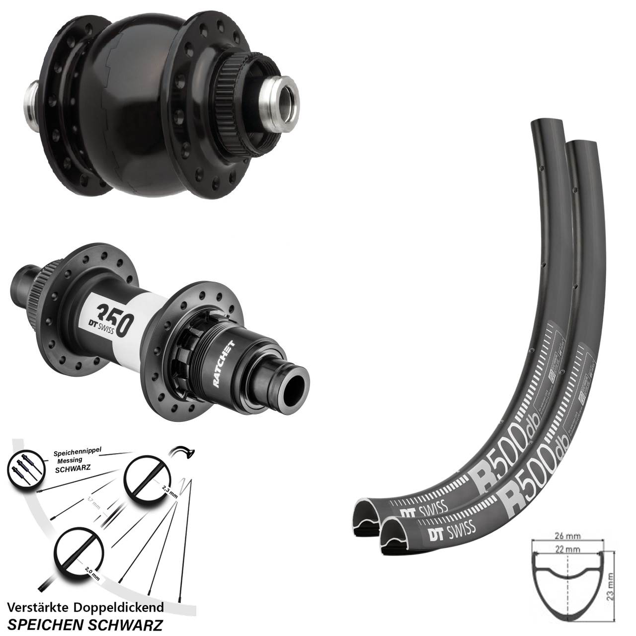 28-29 Zoll DT Swiss R 500 350 Ratchet 36 SON 28 Disc Laufradsatz 12x100/142 SRAM XDR