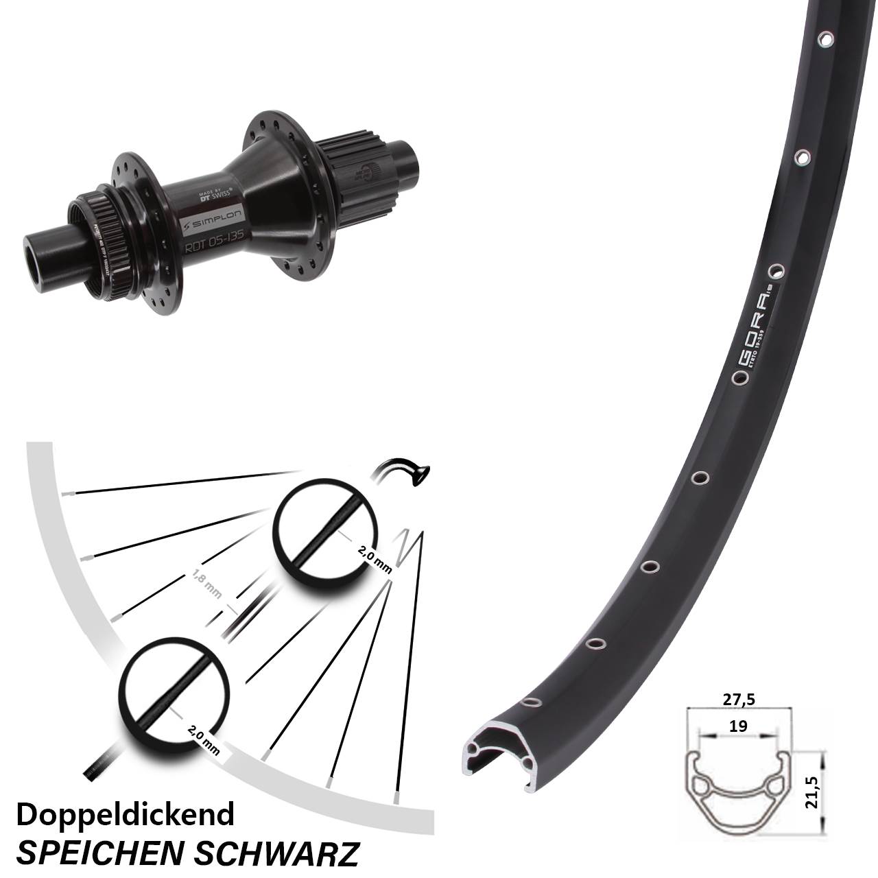 27,5 Zoll Gora 19 DT Swiss 370 Hybrid Disc Hinterrad 12x142 Micro Spline