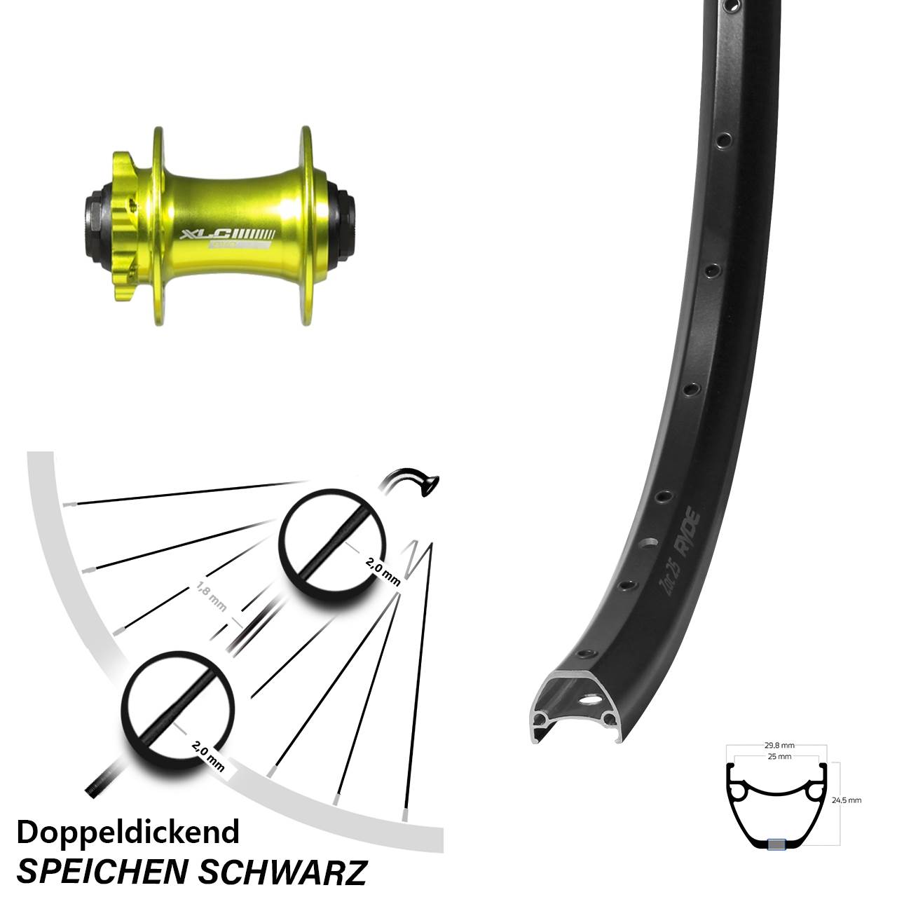 28 Zoll Ryde ZAC 25 XLC Evo grün eloxiert Disc Laufrad 15x100