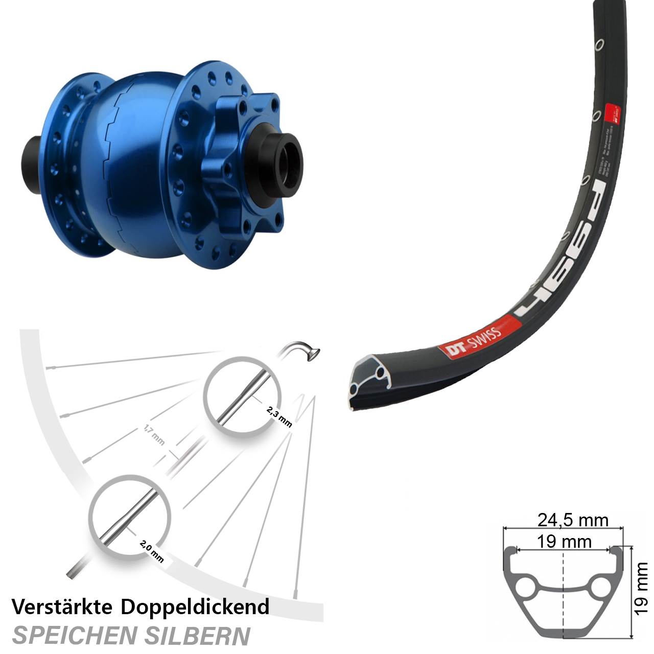 DT Swiss 466 SON 28 Zoll blau Disc Vorderrad mit Nabendynamo 15x100