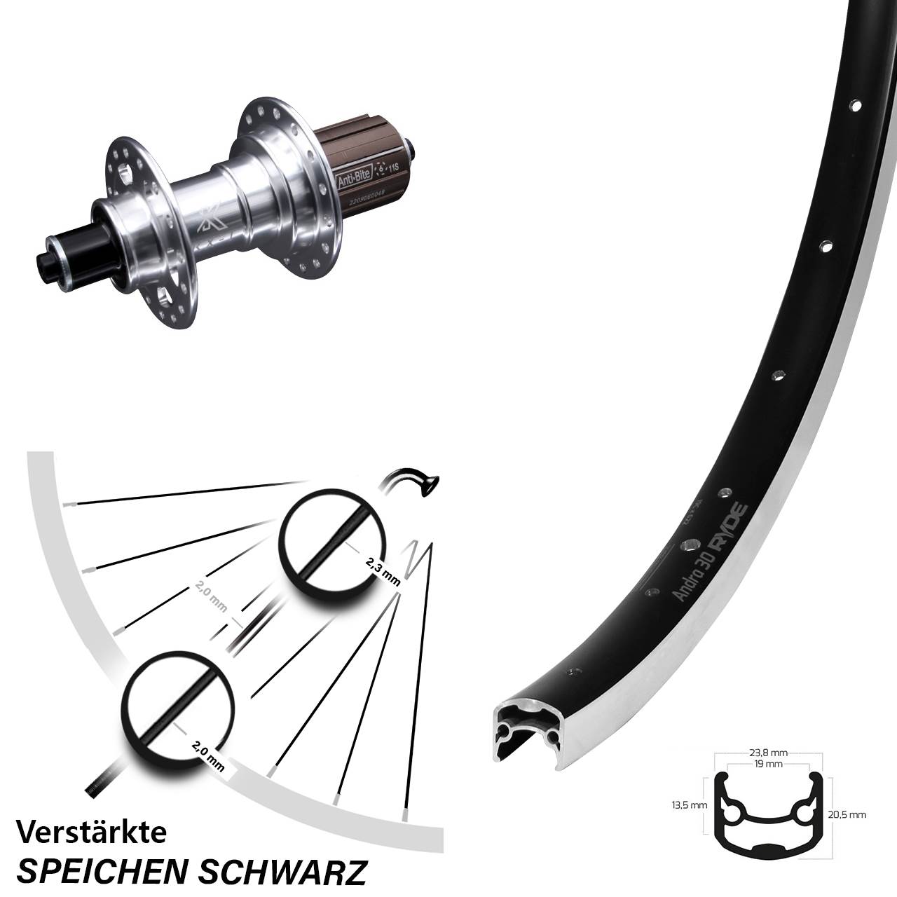 Hinterrad 28 Zoll Ryde Andra 30 8-11 fach KX-T Nabe verstärkt 5x135 mm silbern