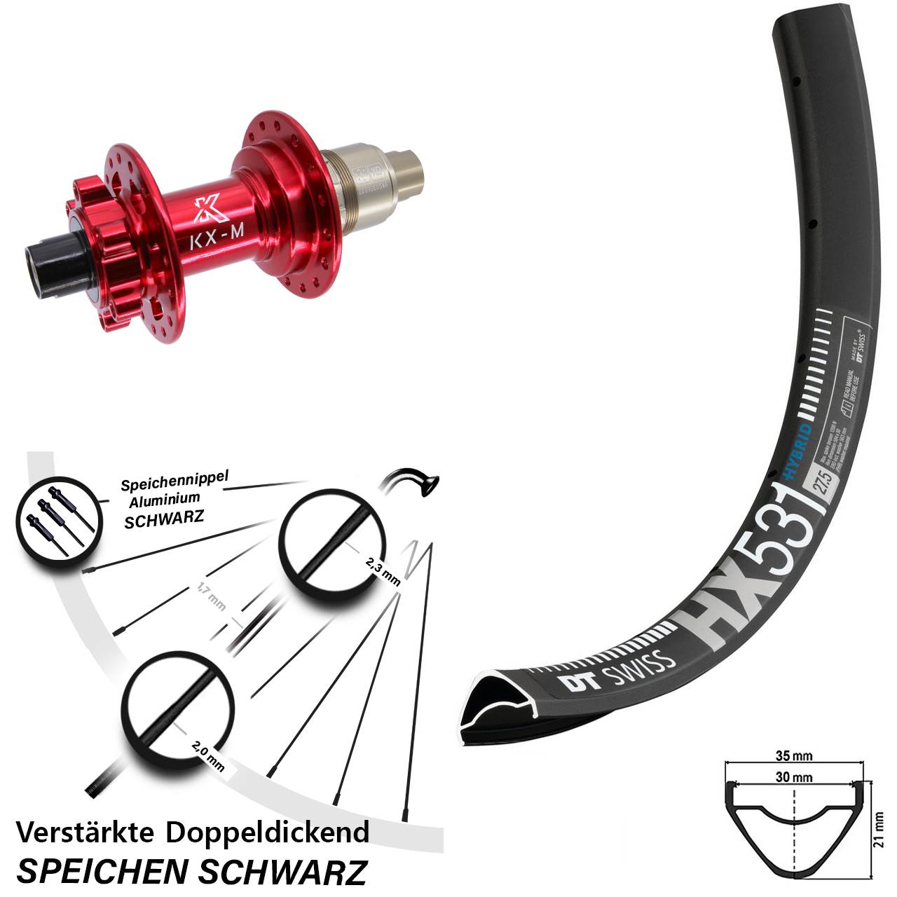 29 Zoll DT Swiss HX531 KX-M rot 6-Loch Hinterrad 12x142 XD