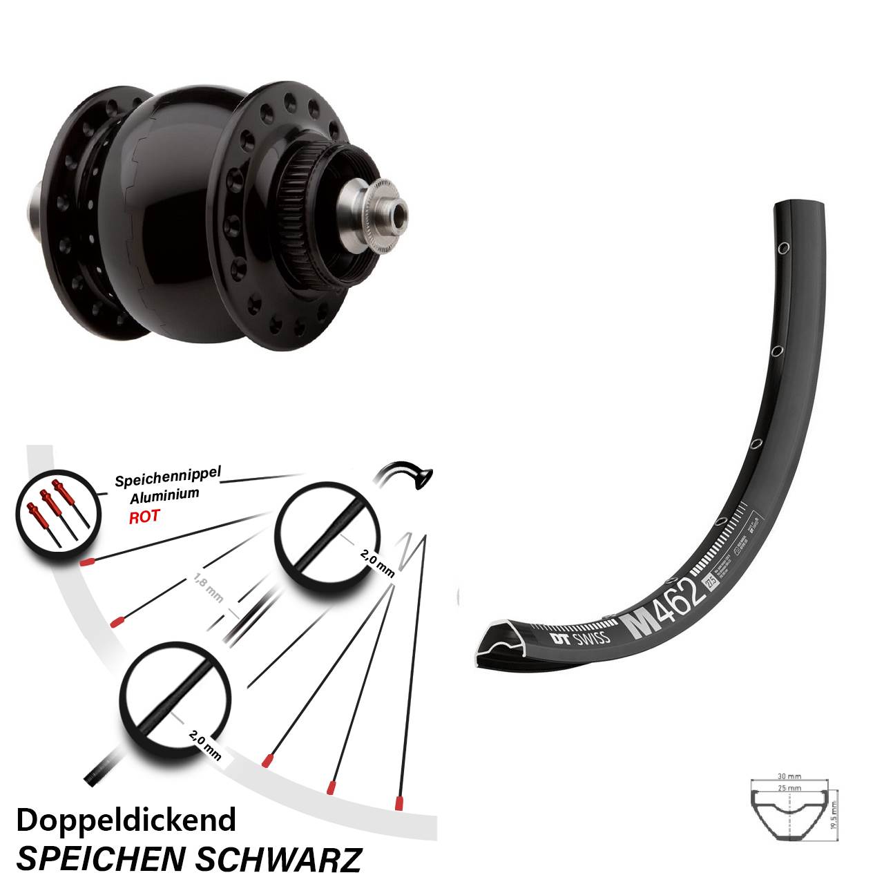Centerlock Vorderrad mit Dynamo 27,5 Zoll DT Swiss M462 SON 28 für Schnellspanner
