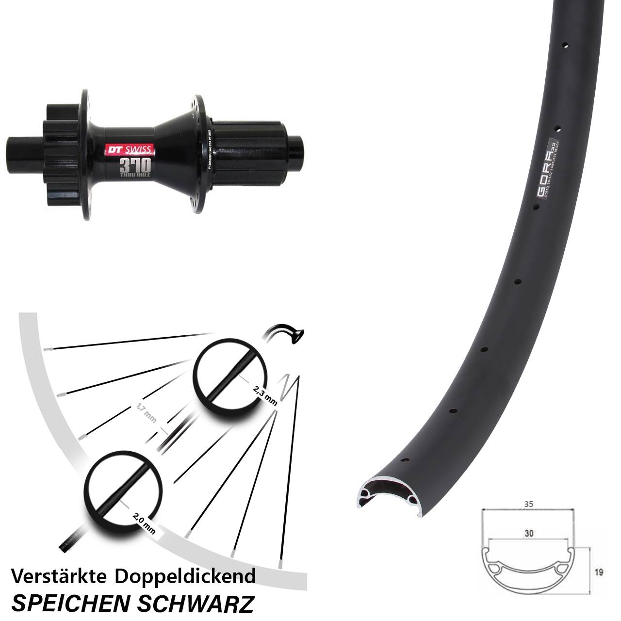 29 Zoll Gora 30 DT Swiss 370 Hybrid 6-Loch Hinterrad 12x142 8-11 fach HG