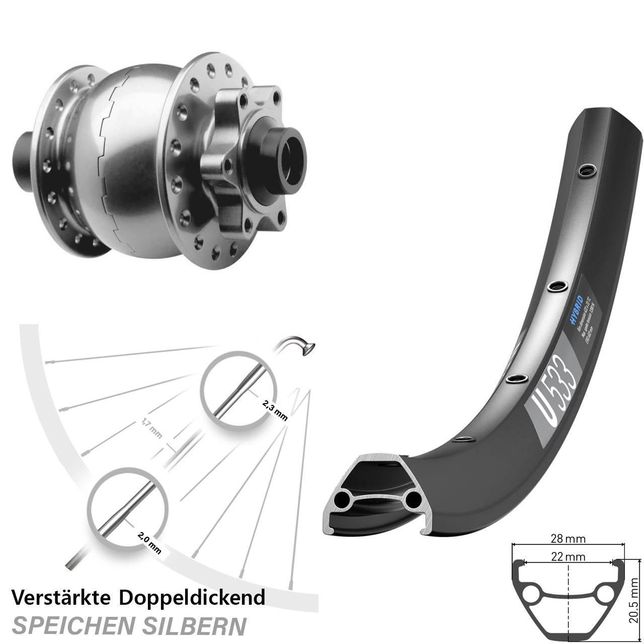 Disc Laufrad mit Nabendynamo SON 28 Zoll DT Swiss U533 15x100