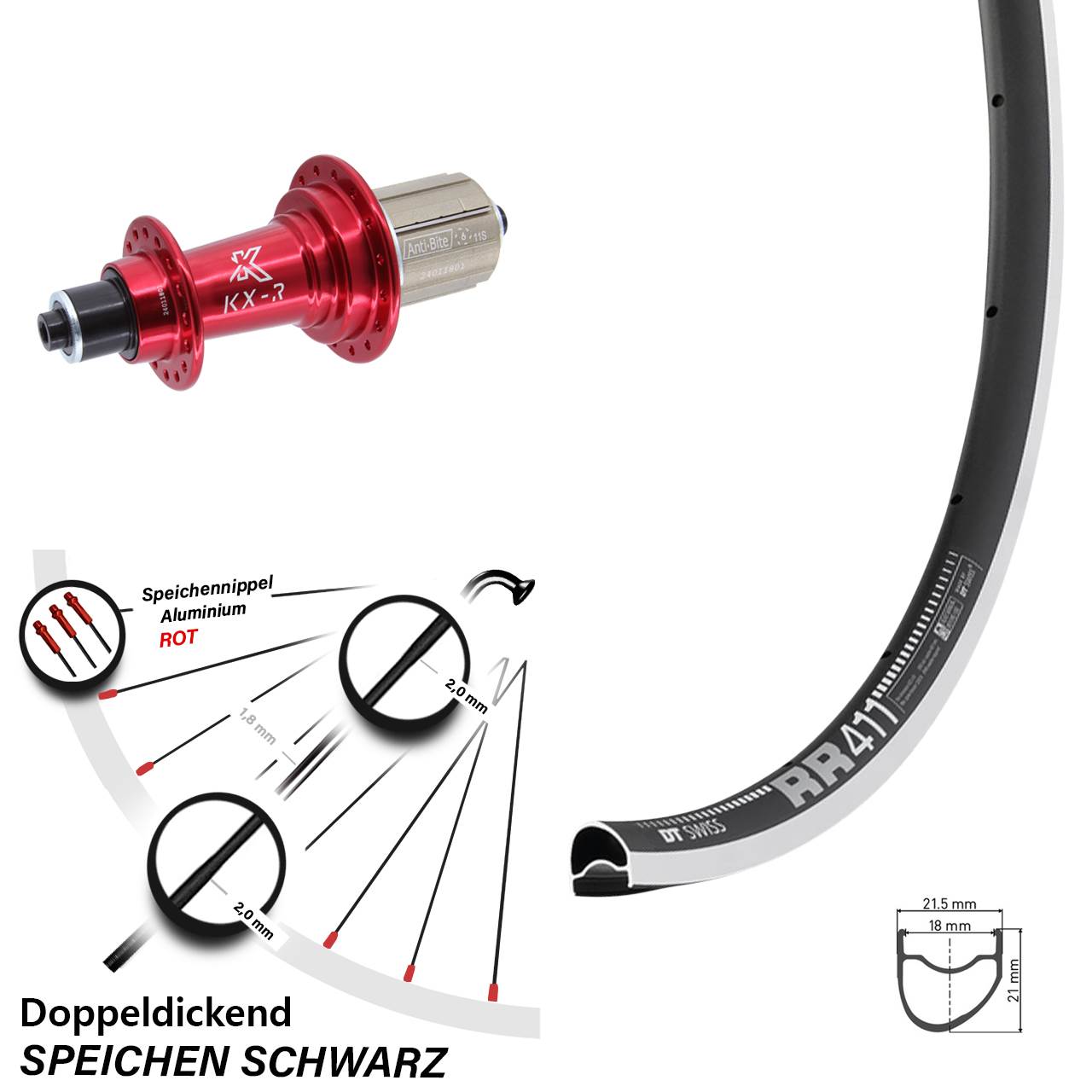 Hinterrad 28 Zoll DT Swiss RR 411 KX-R 8-12 fach HG für Schnellspanner