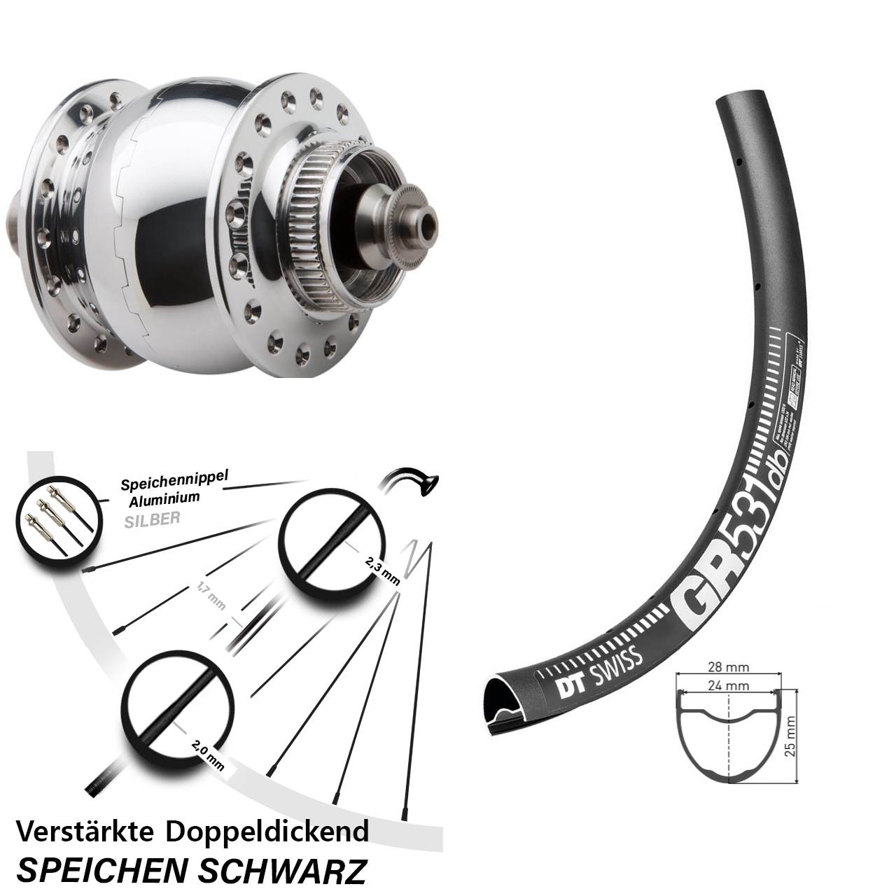 SON 28 Zoll DT Swiss GR 531 Centerlock Vorderrad mit Nabendynamo für Schnellspanner