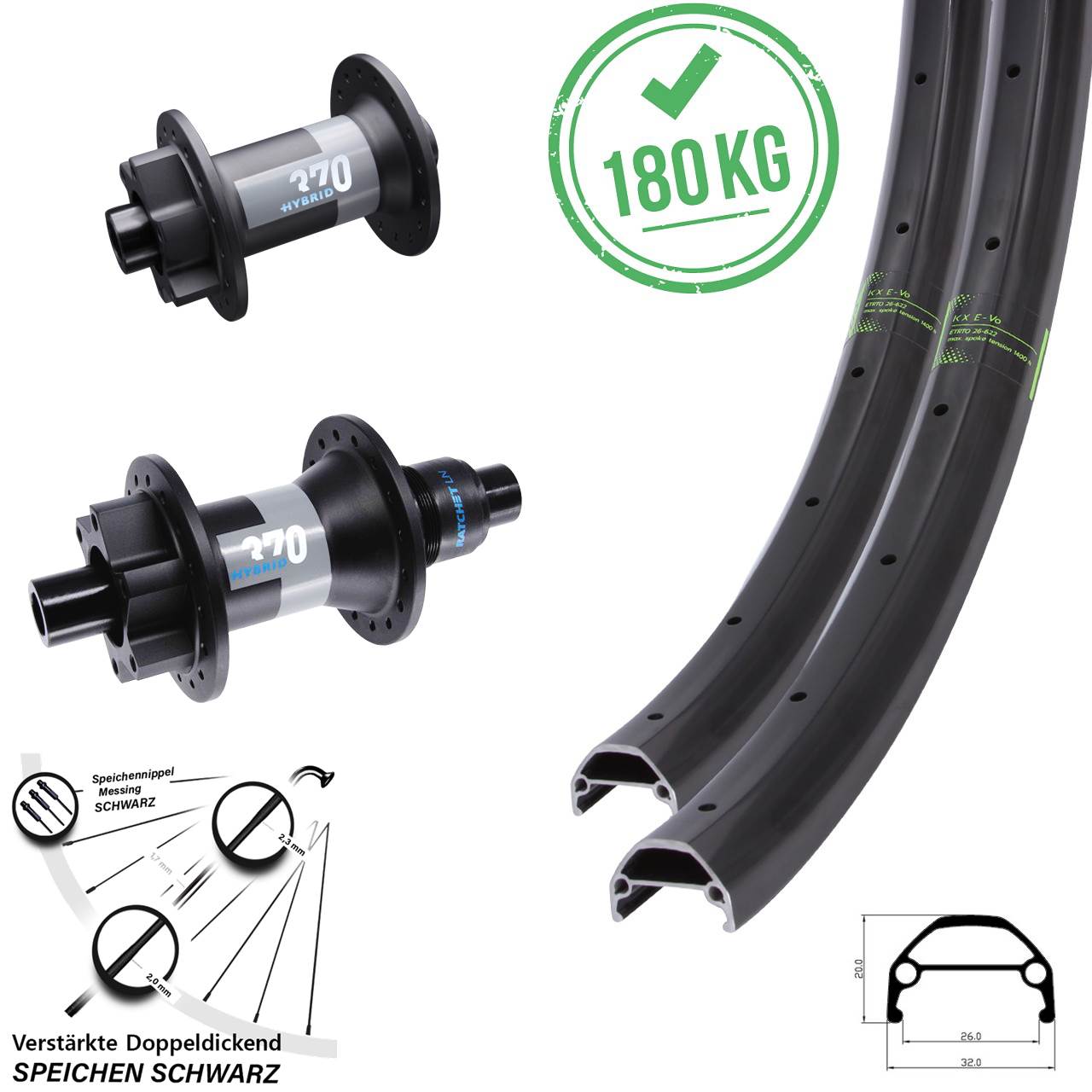 Disc Laufrad-Satz 20/26 Zoll KX Evo DT Swiss 370 Hybrid XD 15x110 12x148 Bo