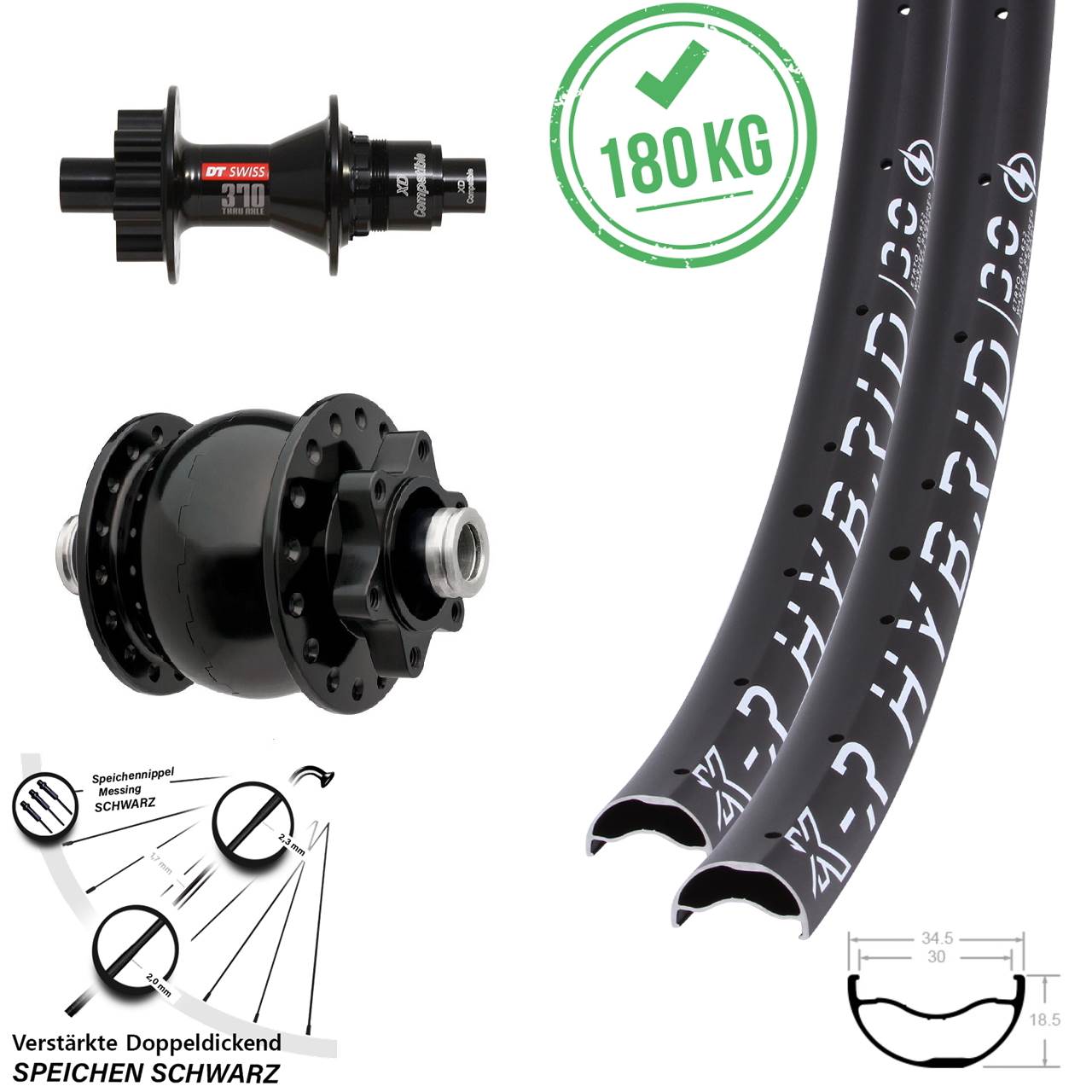 KX-R Hybrid 30 DT Swiss 370 SON 28 29 Zoll Laufradsatz 6-Loch 12x100/142 XD
