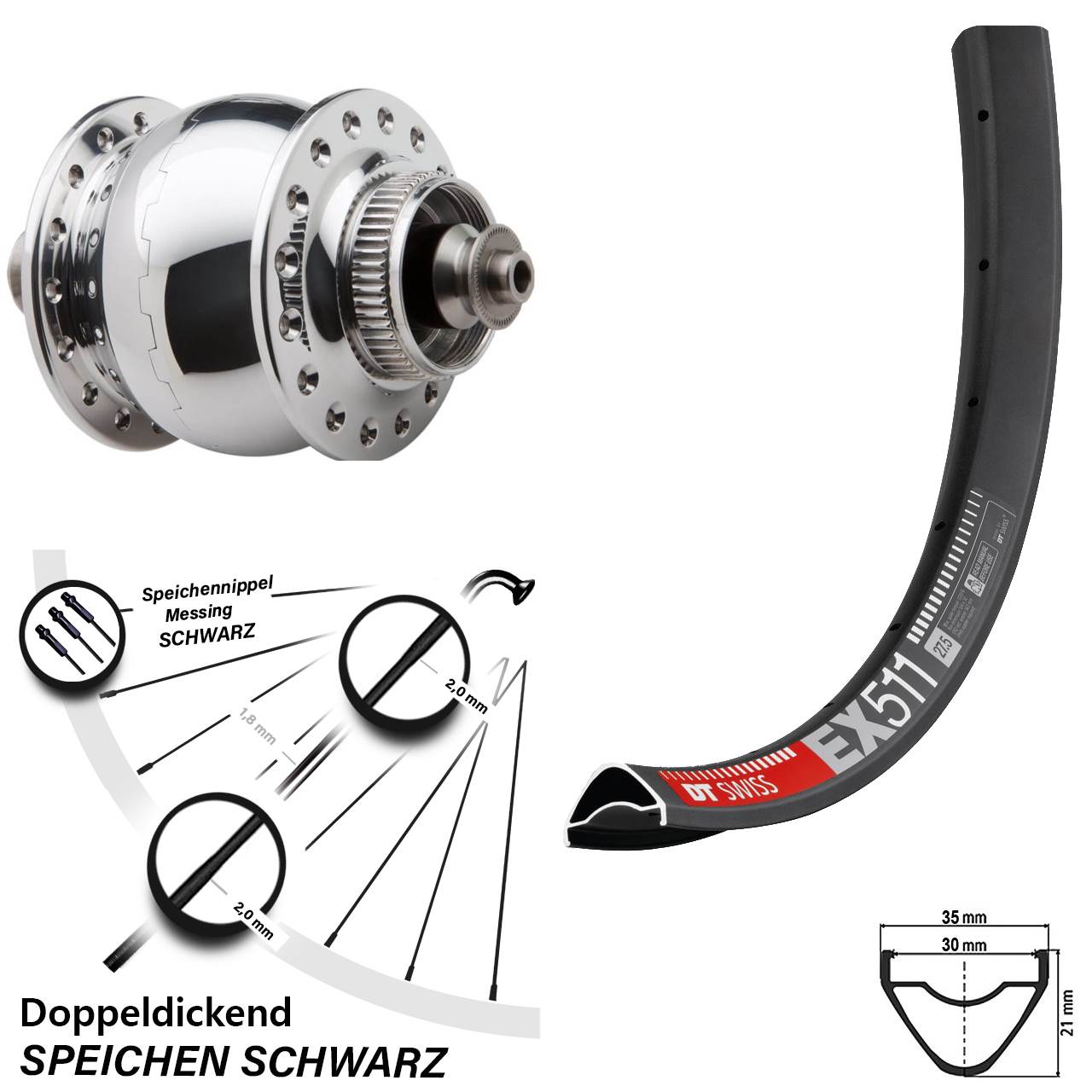 Nabendynamovorderrad Centerlock 27,5 Zoll DT Swiss EX 511 SON 28 poliert QR