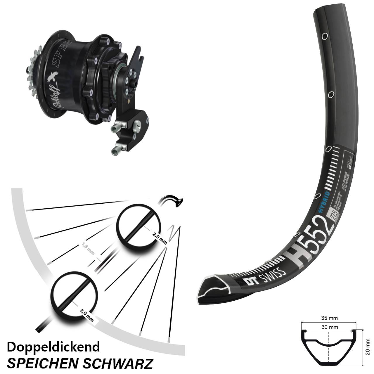 Disc Hinterrrad 27,5 Zoll DT Swiss H552 Rohloff CC DB OEM2 Tandem schwarz
