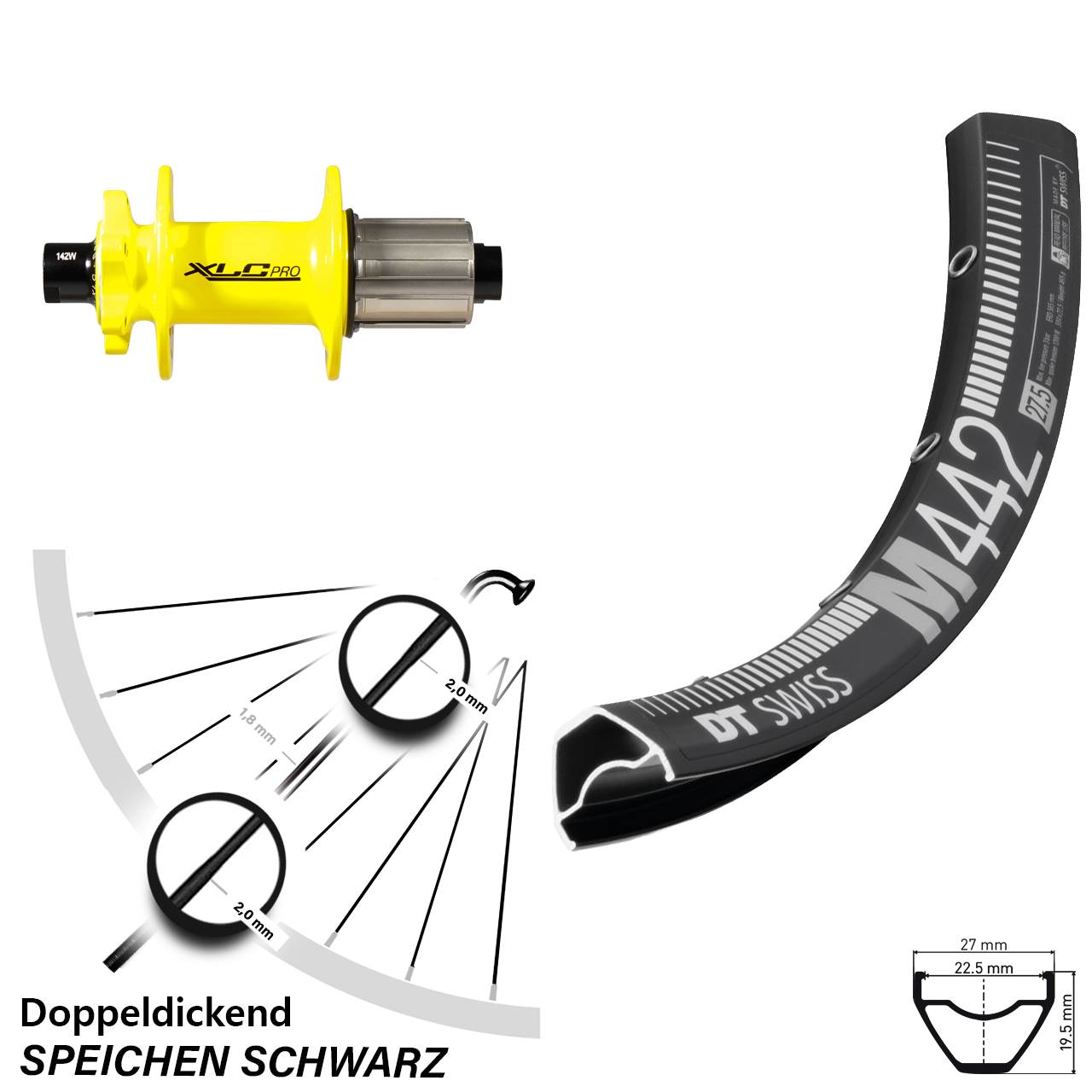 DT Swiss M 442 Hinterrad 29 Zoll XLC Pro gelb 12x142 mm 11-fach