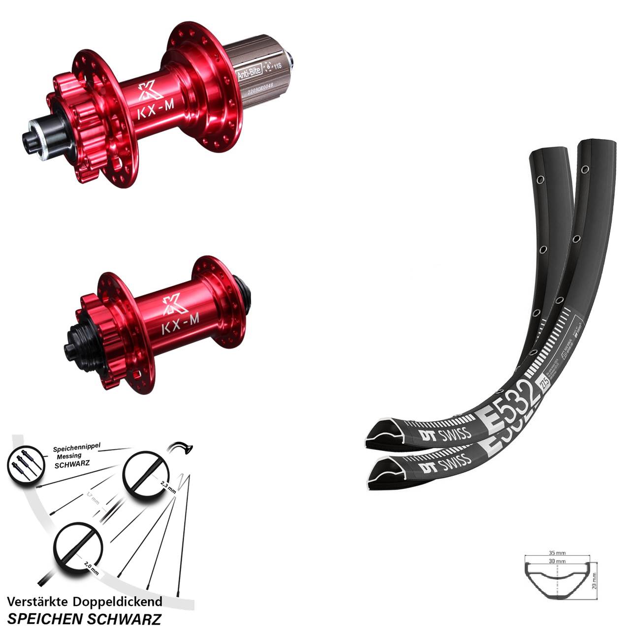 Disc Laufradsatz für Schnellspanner 27,5 Zoll DT Swiss E532 KX-M rot 8-12 fach HG