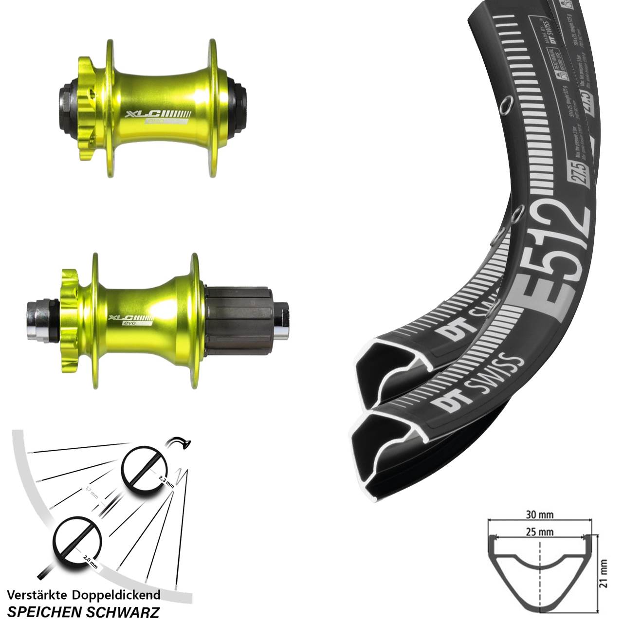 DT Swiss E512 XLC Evo grün eloxiert 650B Disc Laufradsatz 15x100 12x142 8-11 fach