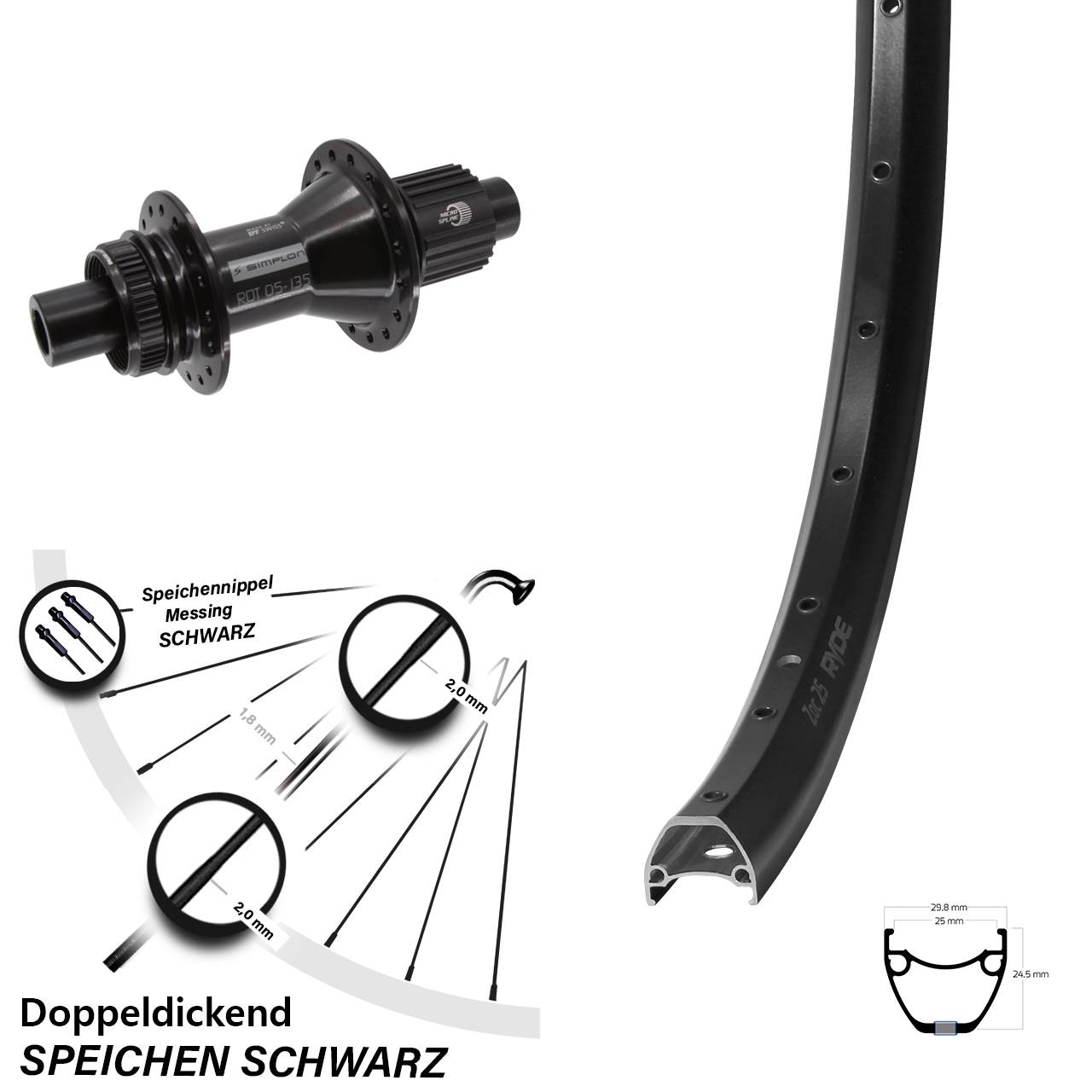 Disc Laufrad 12x142 28-29 Zoll Ryde ZAC 25 DT Swiss 370 Hybrid Shimano Micro Spline