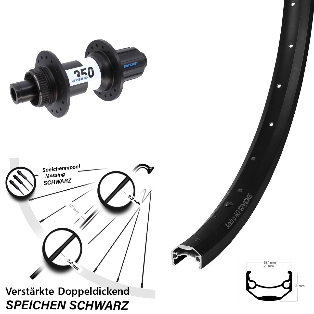 Ryde Andra 40 DT Swiss Hybrid 350 26 Zoll Disc Hinterrad 12x148 8-11 fach