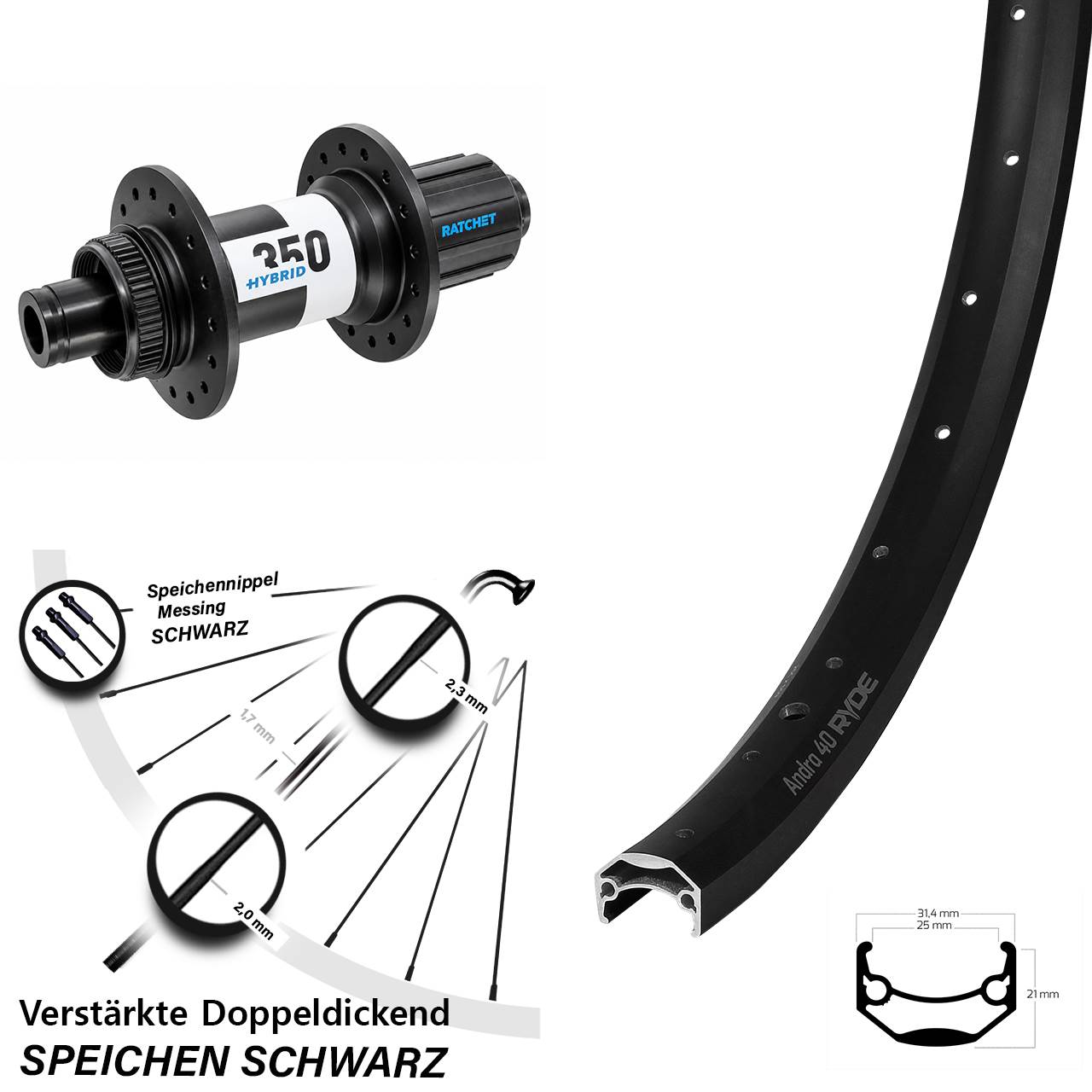 Ryde Andra 40 DT Swiss Hybrid 350 26 Zoll Disc Hinterrad 12x148 8-11 fach