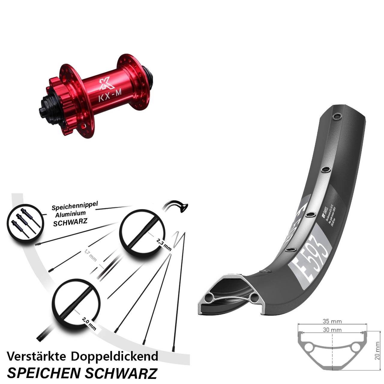 DT Swiss E593 KX-M rot 27,5 Zoll Disc Vorderrad für Schnellspanner