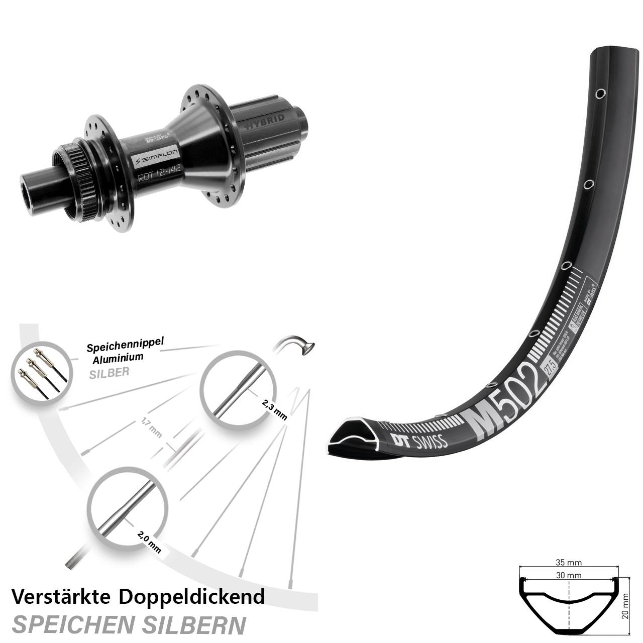 DT Swiss M502-370 Hybrid 29 Zoll Centerlock Hinterrad 12x142 8-11 fach HG