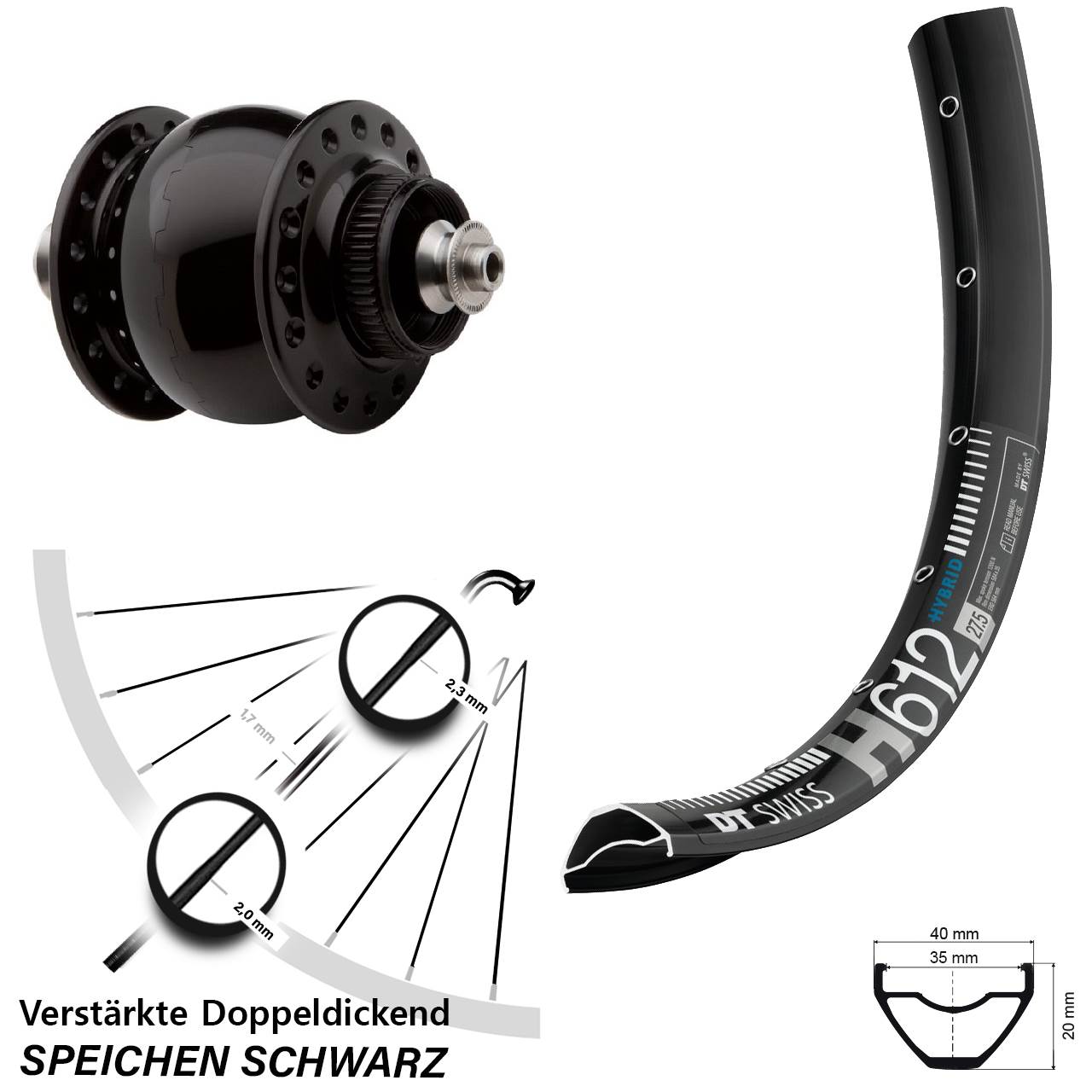 Disc Vorderrad mit Nabendynamo für Schnellspanner 27,5 Zoll DT Swiss H 612 SON 28