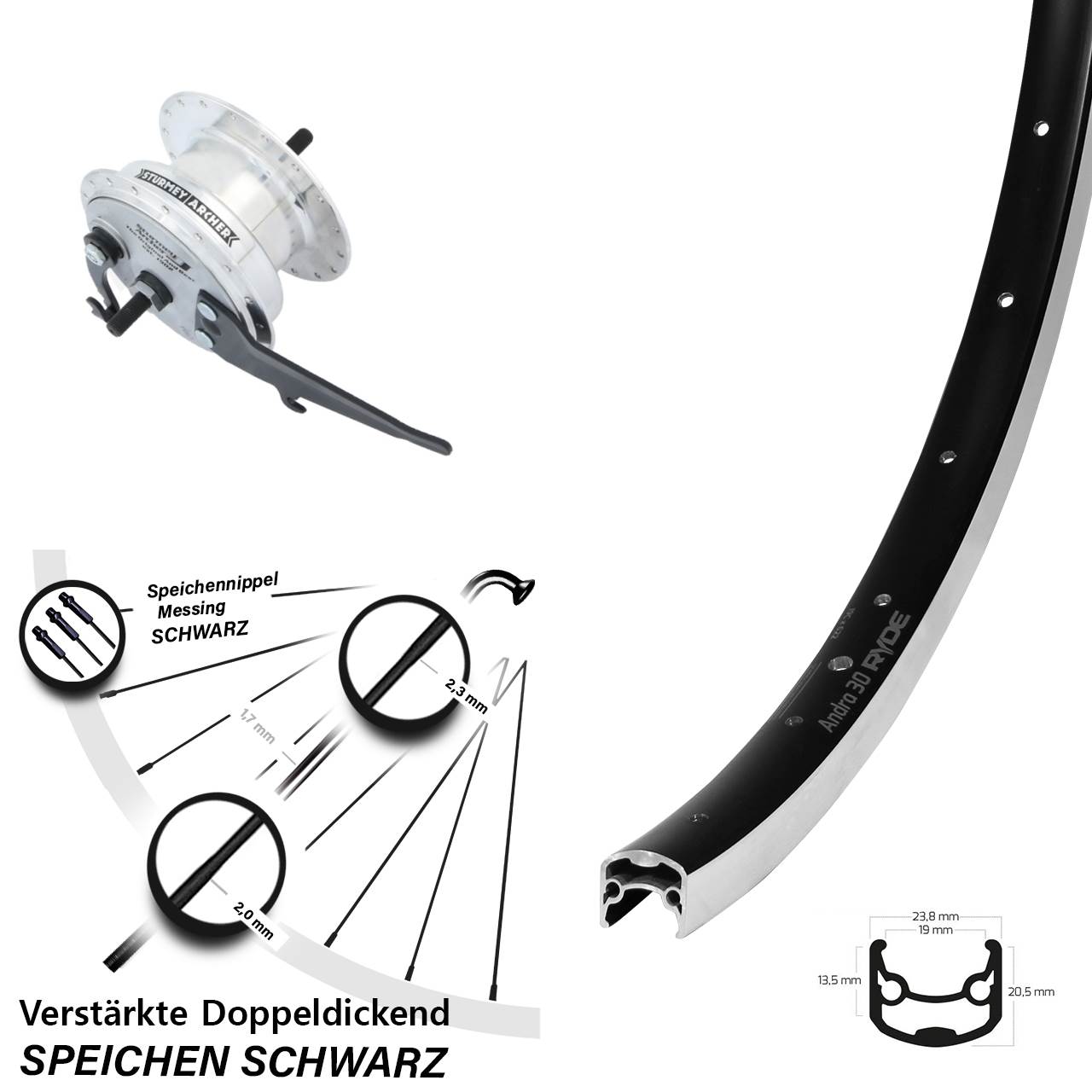 Ryde Andra 30 Nabendynamo Vorderrad 28 Zoll Sturmey Archer XL-FDD 3,0 Vollachse