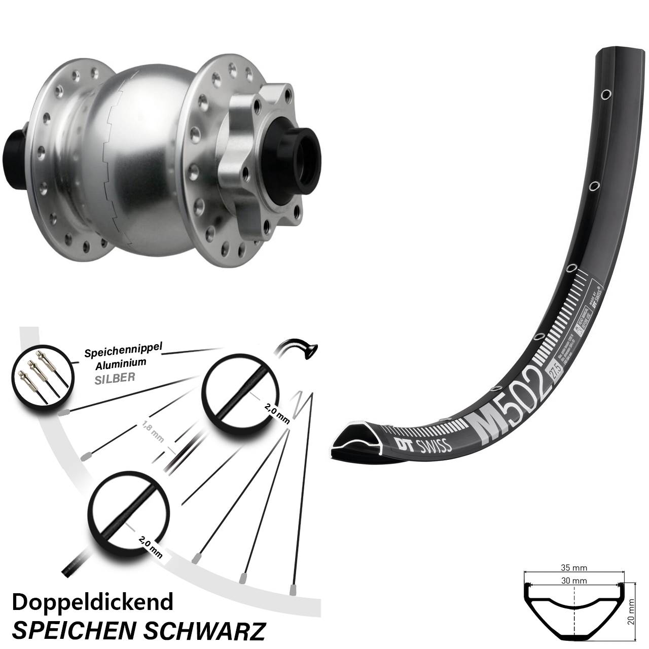 Disc Laufrad mit Nabendynamo 29 Zoll DT Swiss M502 SON 28 silbern 15x110 Boost