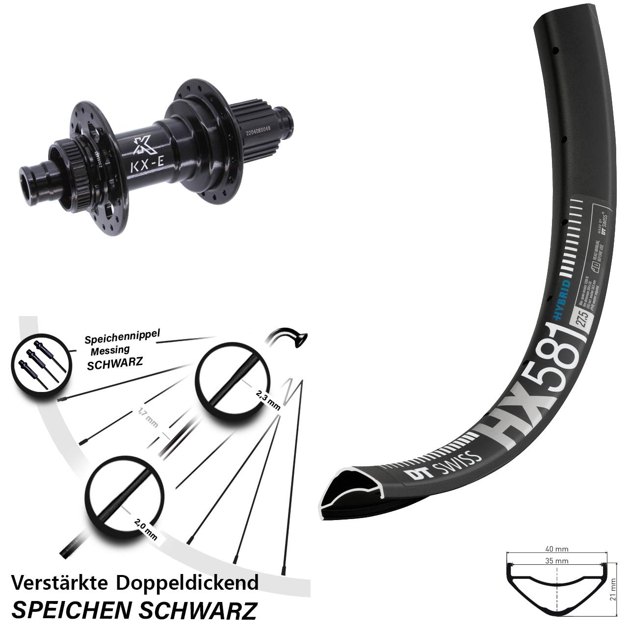 DT Swiss HX 581 KX-E Heavy Duty 27,5 Zoll Disc Laufrad 12x148 Boost Micro Spline