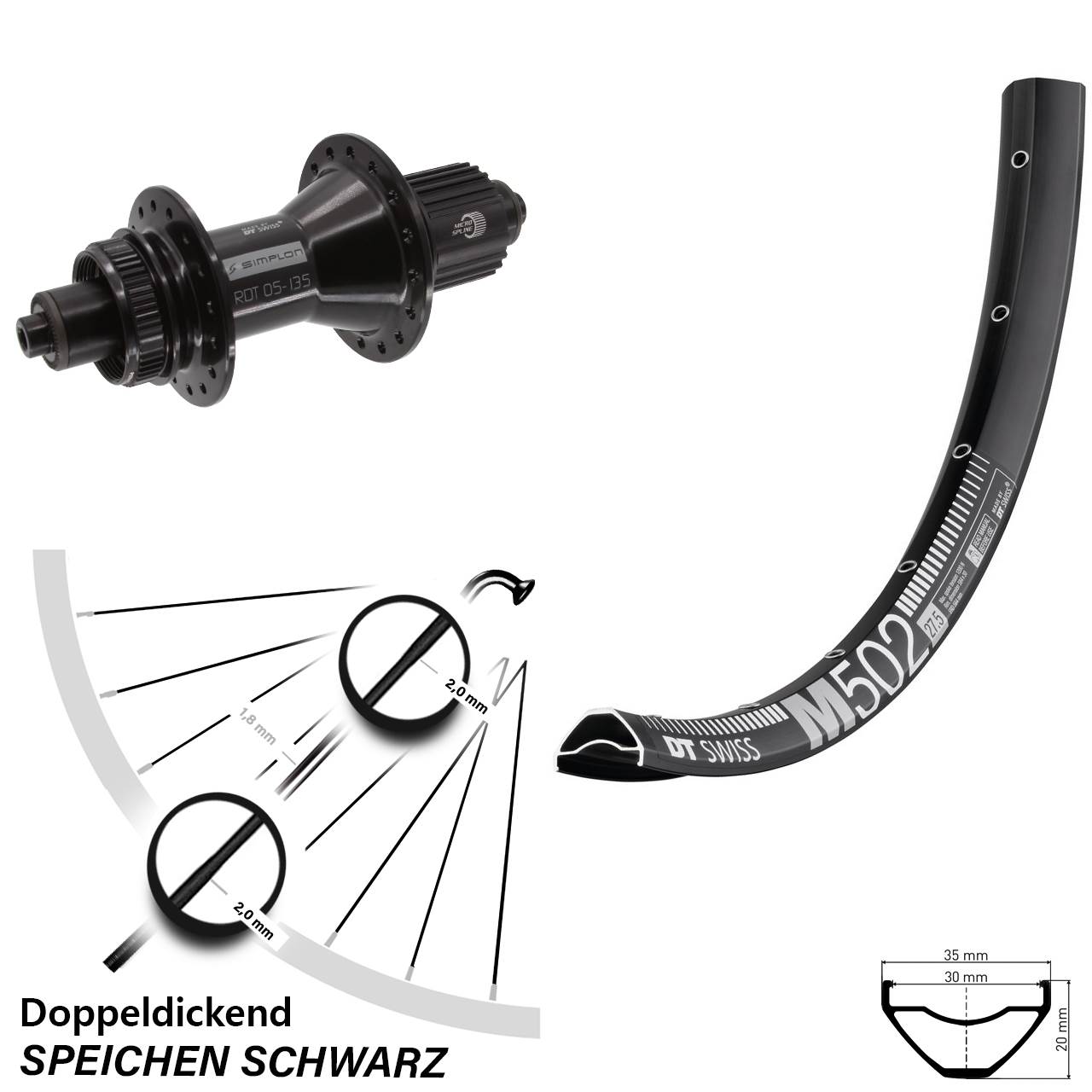 DT Swiss M 502-370 Hybrid 27,5 Zoll Disc Hinterrad für Schnellspanner Shimano Micro Spline