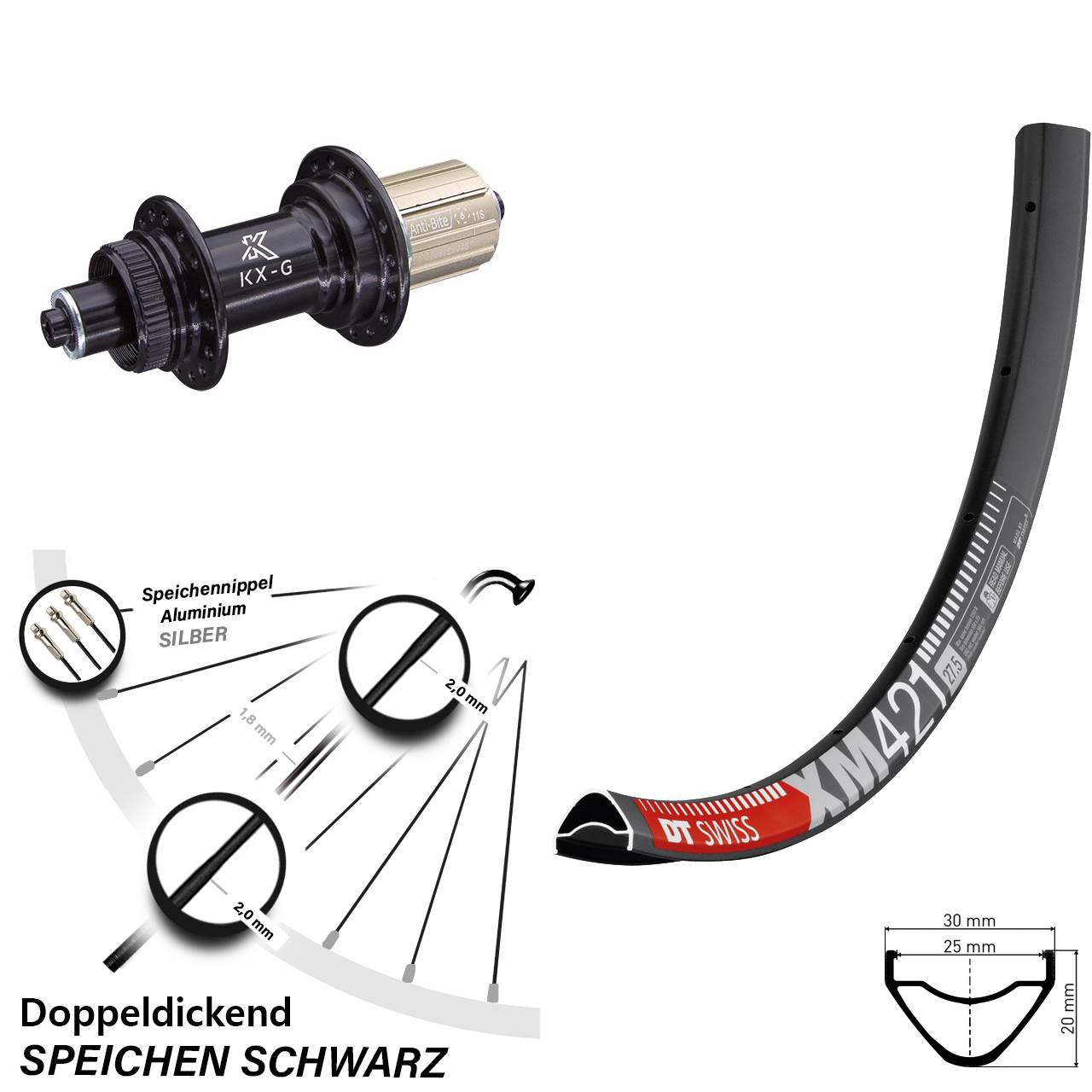 29 Zoll Hinterrad KX-G Schnellspanner 11-fach 135 mm DT Swiss XM 421